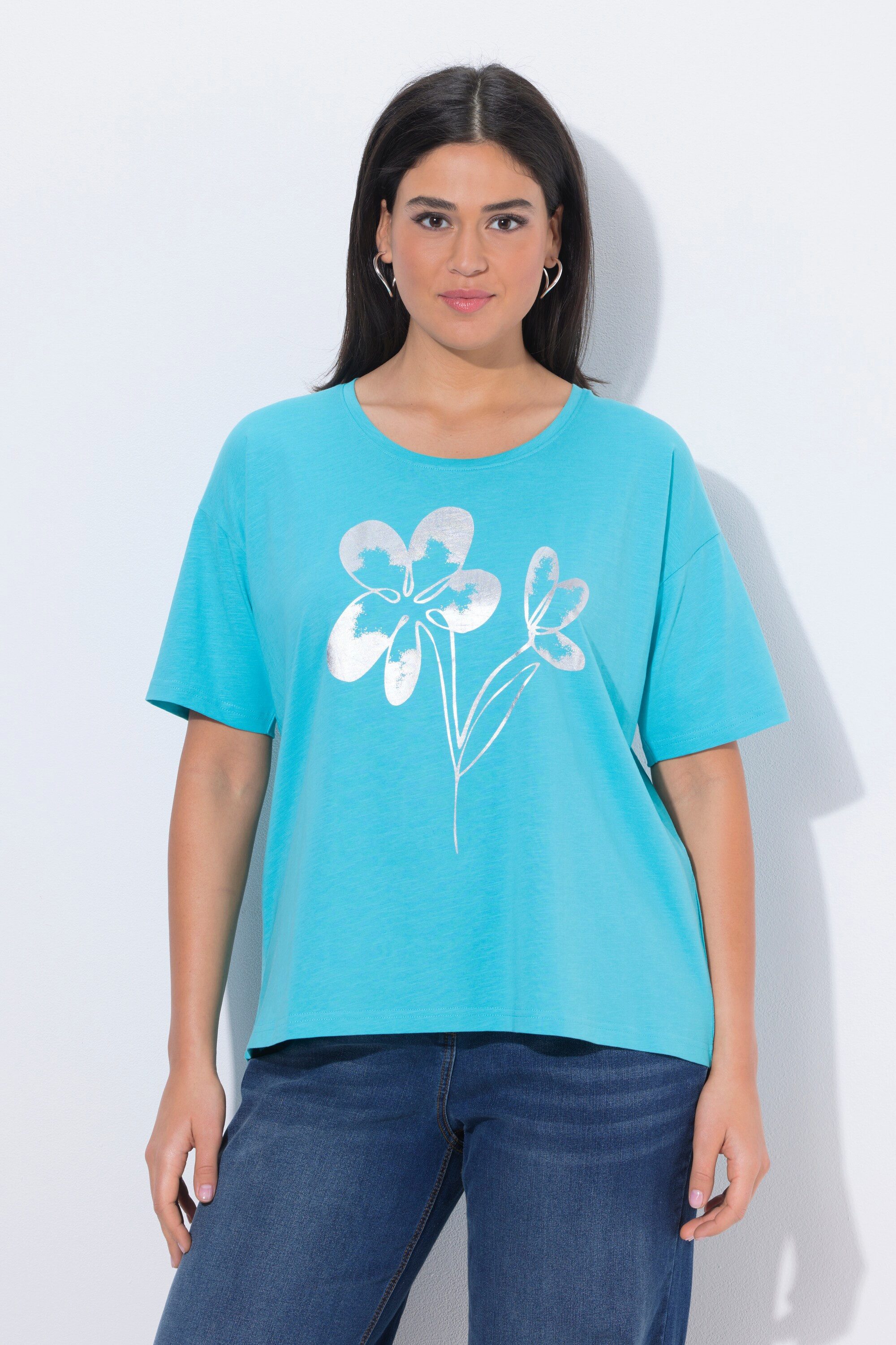 Ulla Popken T-Shirt T-Shirt Blüten Oversized V-Ausschnitt Halbarm