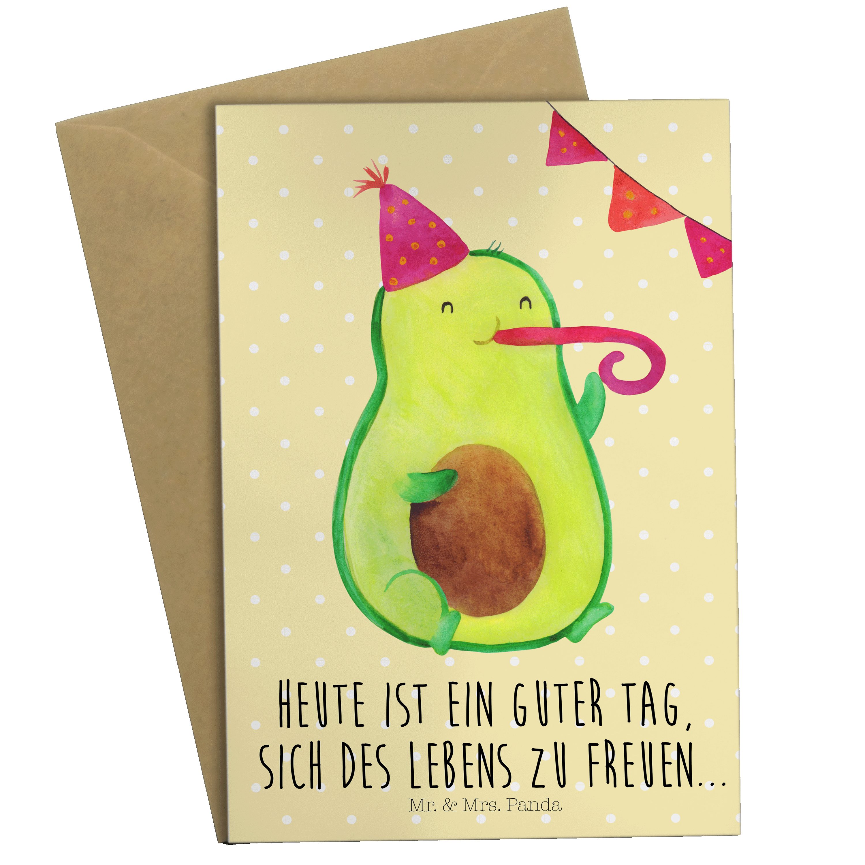 Mr. & Mrs. Panda Grußkarte Pastell Geb Avocado - Geschenk, Vegan, Gelb - Geburtstagsfeier, Party