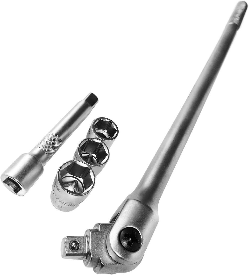 S&R Гаечные ключи Gelenkgriff 1/2", 600 mm, Ø 16 mm, Cr-V- Stahl, 180° schwenkbar (Set, 5 tlg. Gelenkgriff, Verlängerung 125 mm und Stecknüsse 17, 19, 21mm), zur Übertragung höchster Drehmomente in schwer zugänglichen Bereichen