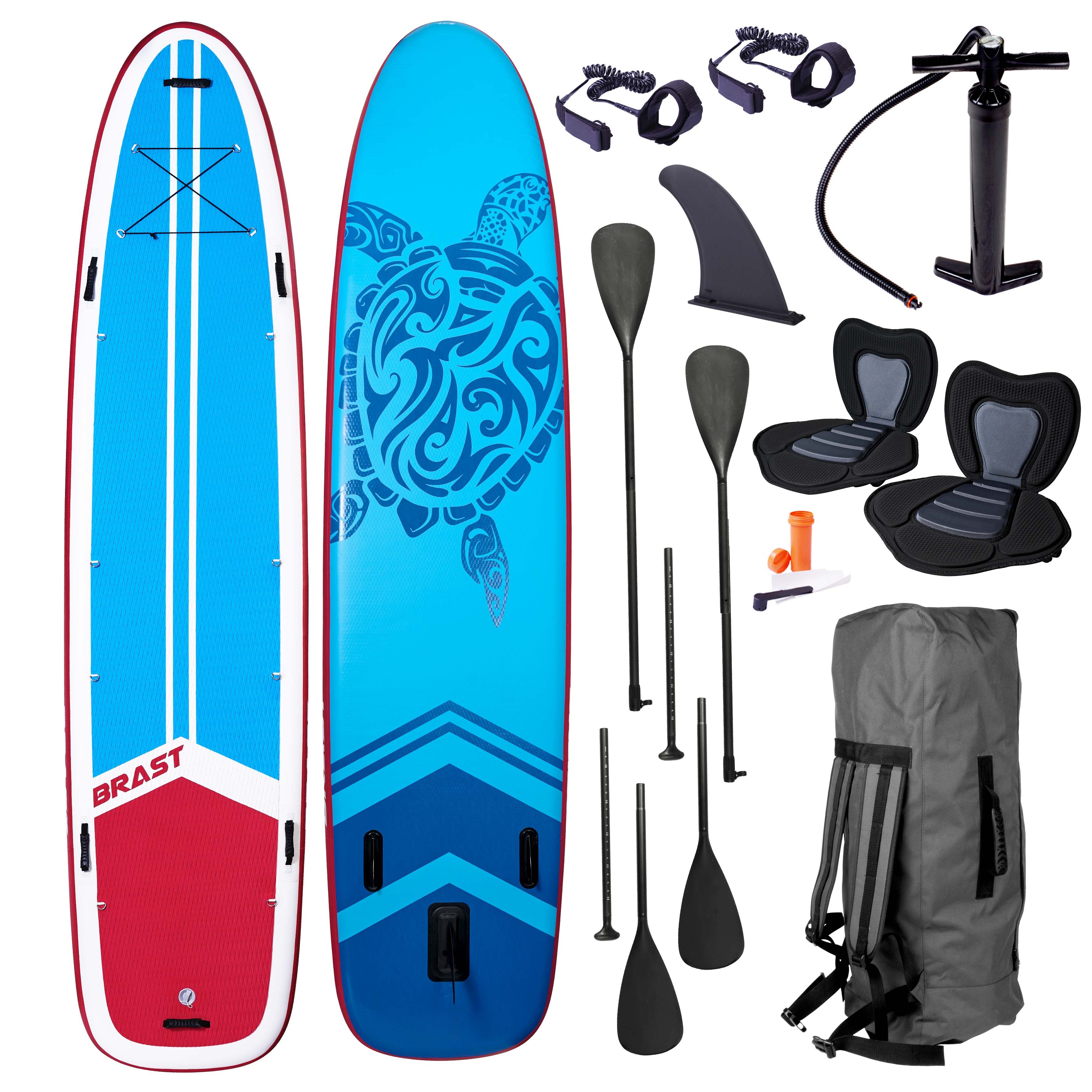 BRAST SUP-Board Family Aufblasbares Stand up Paddle Set XXL - 370x87x15cm bis 210kg, inkl. Zubehör 2X Kajak-Sitz 2X Fußschlaufe, (5 Jahre Garantie), 2X Paddel Pumpe Rucksack