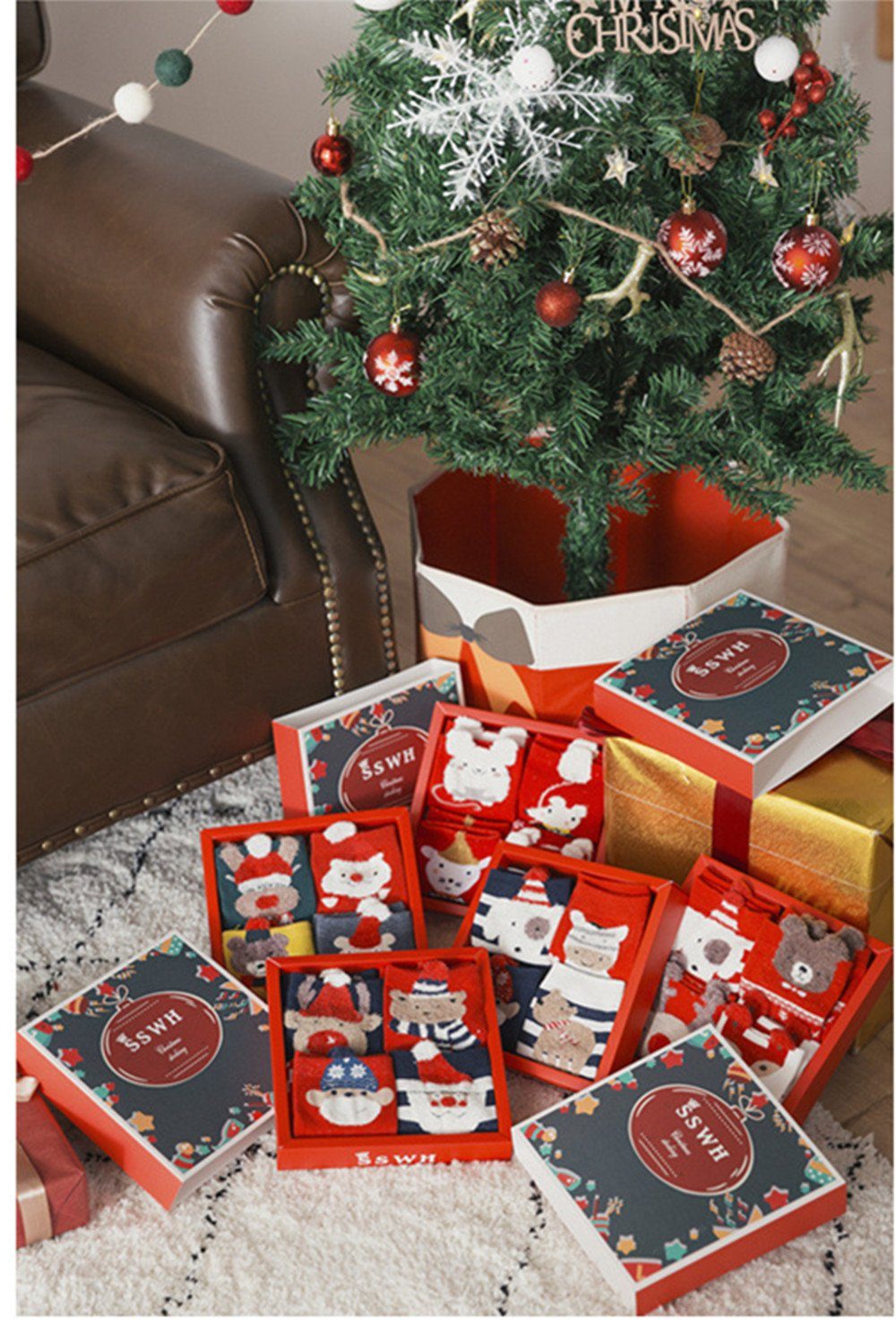 XDeer Thermosocken Wintersocken(3/4 Paar)Weihnachtssocken/Sushi Socken/Pizza Thermosocken Weihnachtsgeschenke 4-Paar) Box Geschenk Socken socken red (Box, mit Flauschige