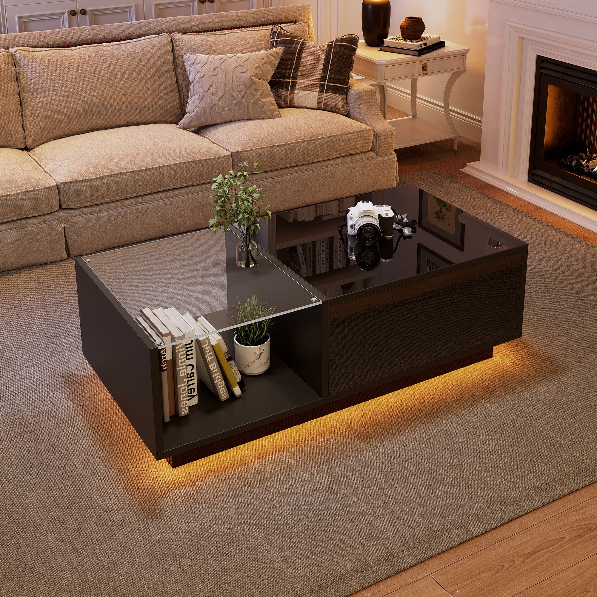 Merax Couchtisch höhenverstellbar Sofatisch mit Hebefunktion und Stauraum (1-St., 100x50x (33-46.5) cm), Beistelltisch Wohnzimmertisch mit Hochglanz-Oberfläche und LED