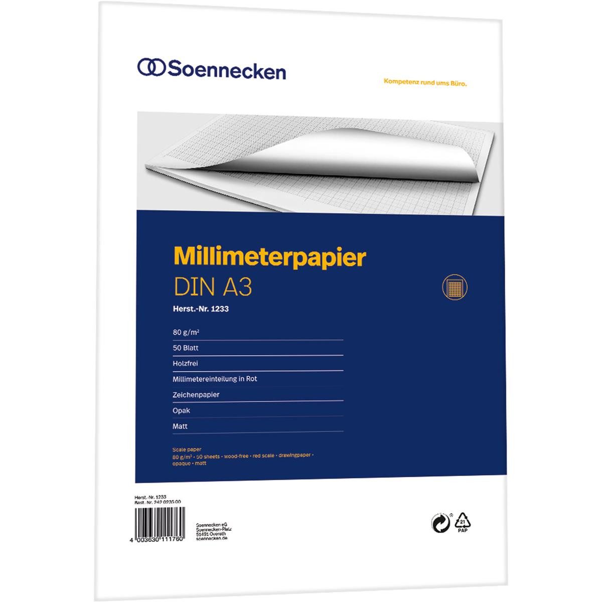 Thumbnail - Soennecken Millimeterpapier Soennecken Millimeterblock 1233 DIN A3 Bücherpapier 50Blatt rot