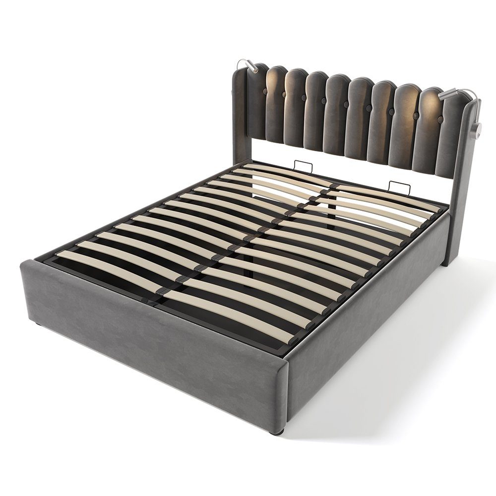 Polsterbett (Hydraulisches Stauraumbett mit Lattenrost), Doppelbett 160x200cm mit Leselicht, Ladefunktion, Samt, inkl. Matratze