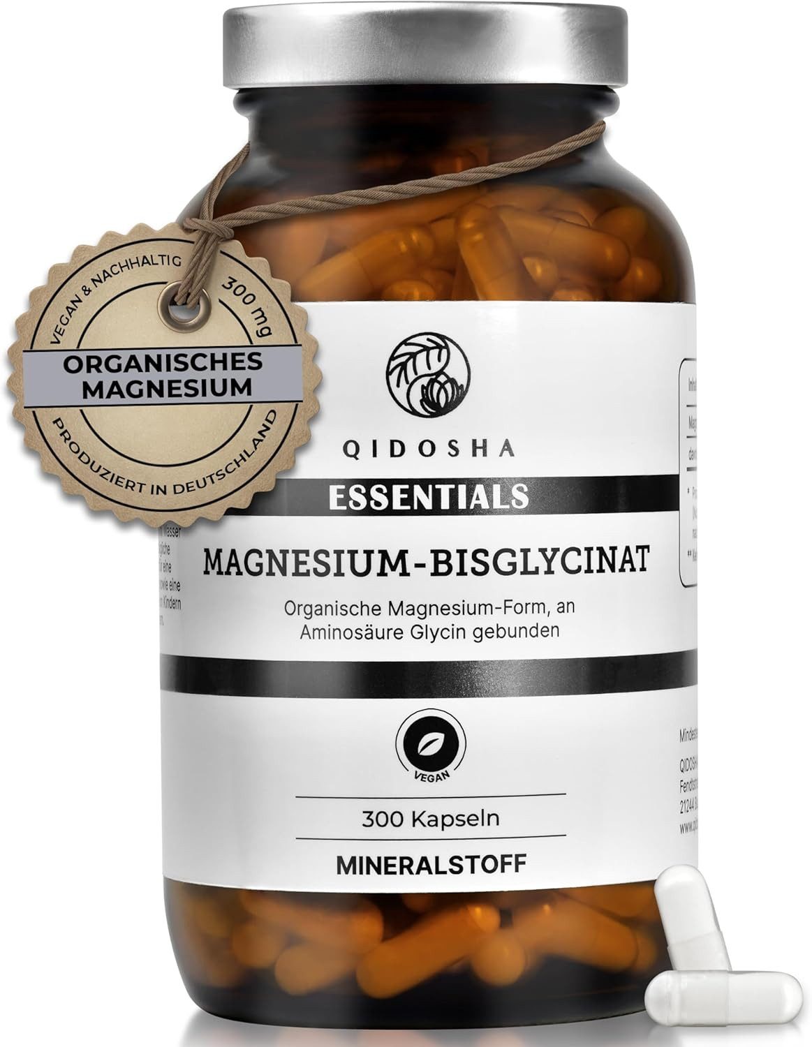 QIDOSHA Magnesium-Bisglycinat Kapseln, 300 Stk im Apothekerglas, organische Mg-Form als Magnesium-Glycinat, 300 mg elementares Mg je Tagesportion - in Deutschland hergestellt à 300 St., 180 g