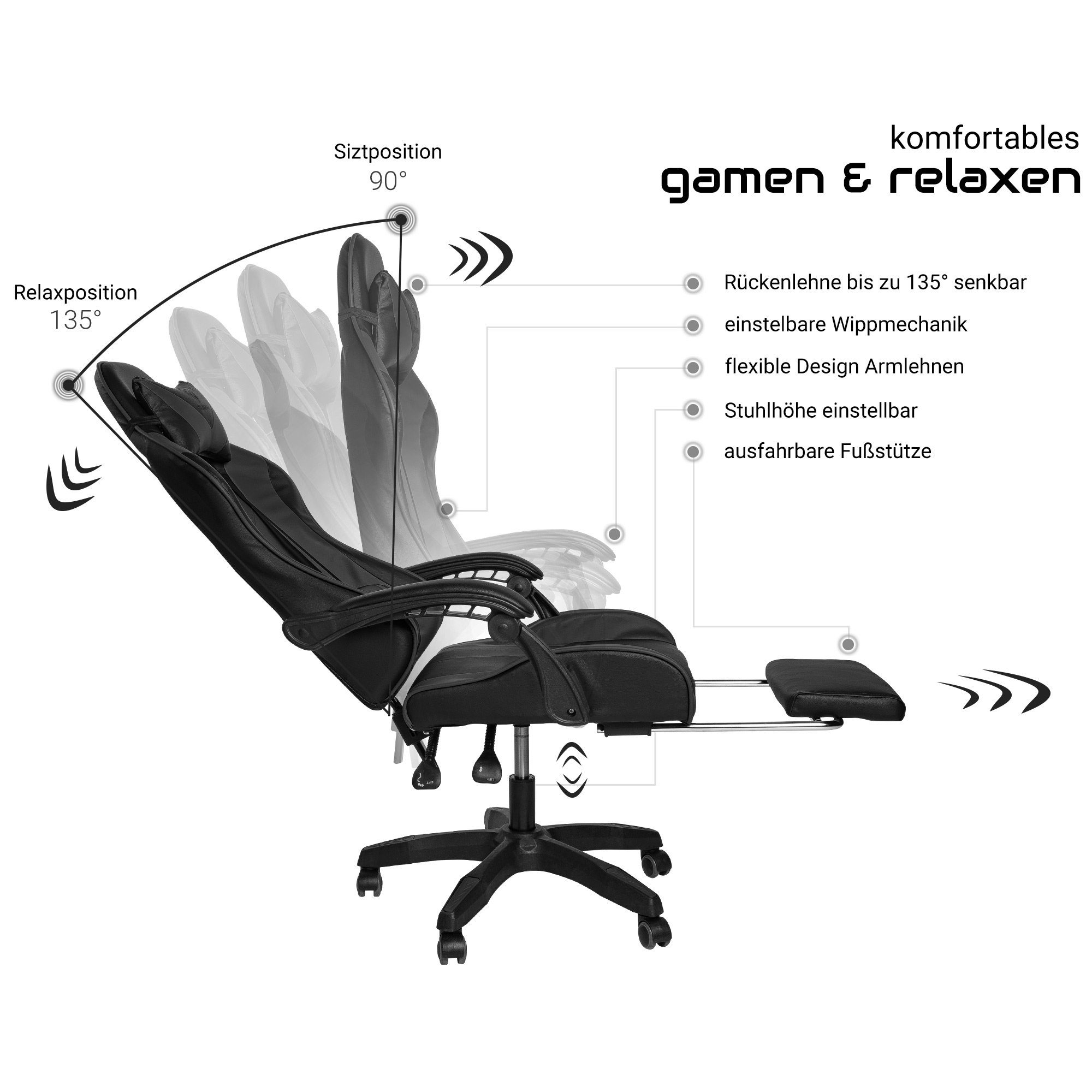 mit TRISENS Schwarz Gaming flexiblen mit Design-Armlehnen (1 Konrad Stuhl Stück), Chefsessel Fußstütze Chair Gaming