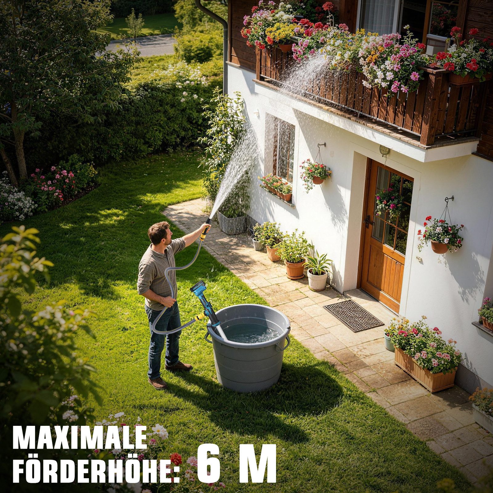 XERSEK Regenfasspumpe 3000L/h Wasserpumpe mit Gartensprühdüse Kabellose Stab-Transferpumpe (Fasspumpe mit 2×2.0Ah Akku 18V), für Pool/Garten/Teich/Wohnmobil/Boo – Bild 4 von 5