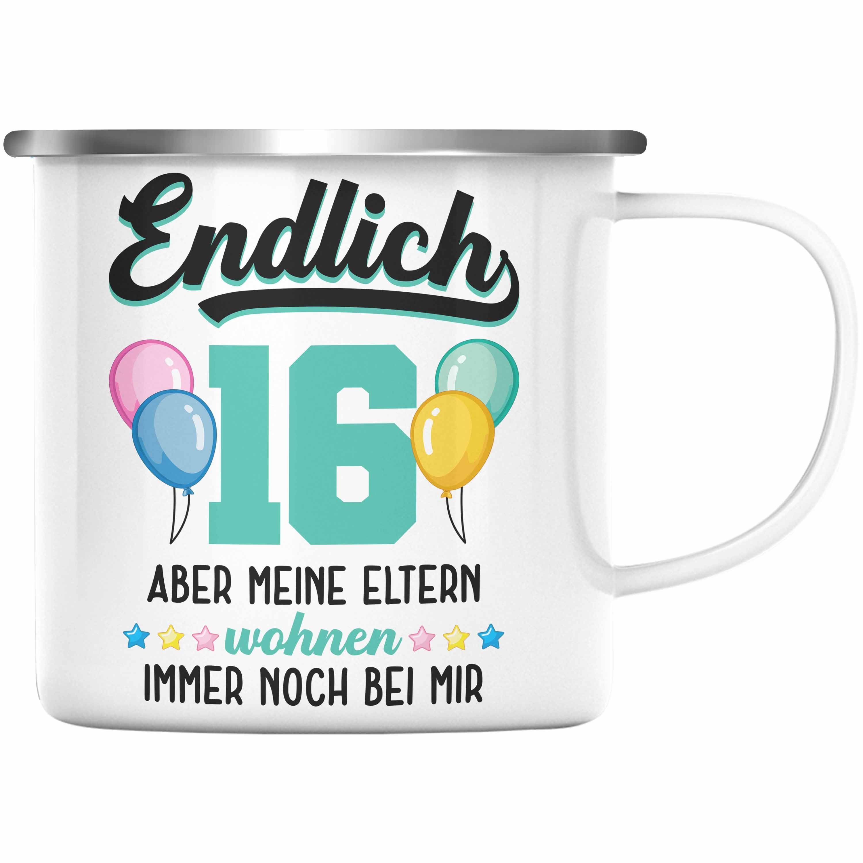 Trendation Thermotasse Trendation - 16. Geburtstag Emaille Tasse Geschenk Mädchen Jungen Geschenkidee Lustig Spruch 16 Geschenke Geschenkideen zum 16 Bday 16er Silber