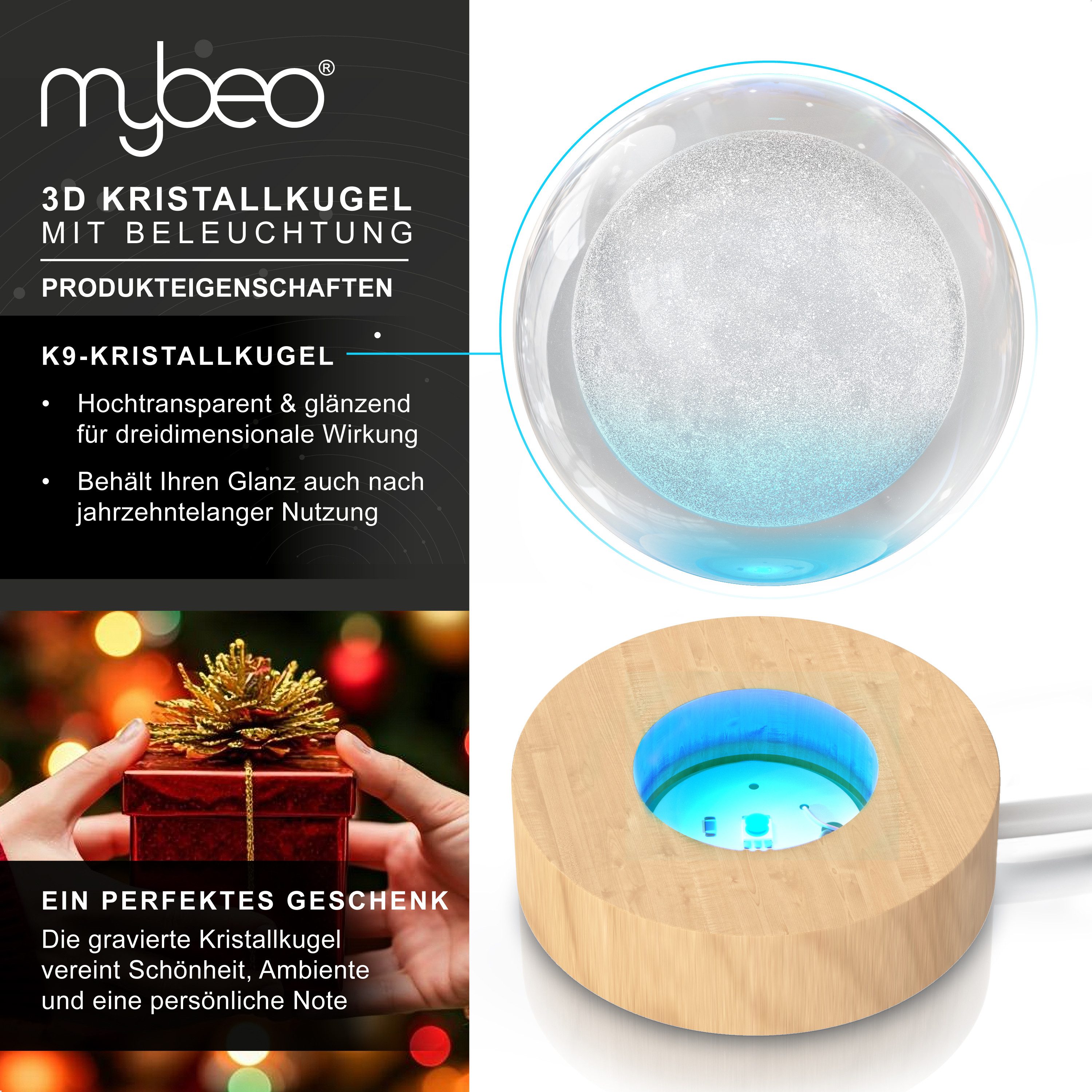 MyBeo LED Dekolicht 3D Glaskugel, Leuchtende Kristallkugel mit Gravur, Nachtlicht Skulptur, Farbwechsel, LED fest integriert, Farbwechsler, RGB LED, K9 Kristall, 6 cm ⌀, Holzsockel, geringer Energieverbrauch