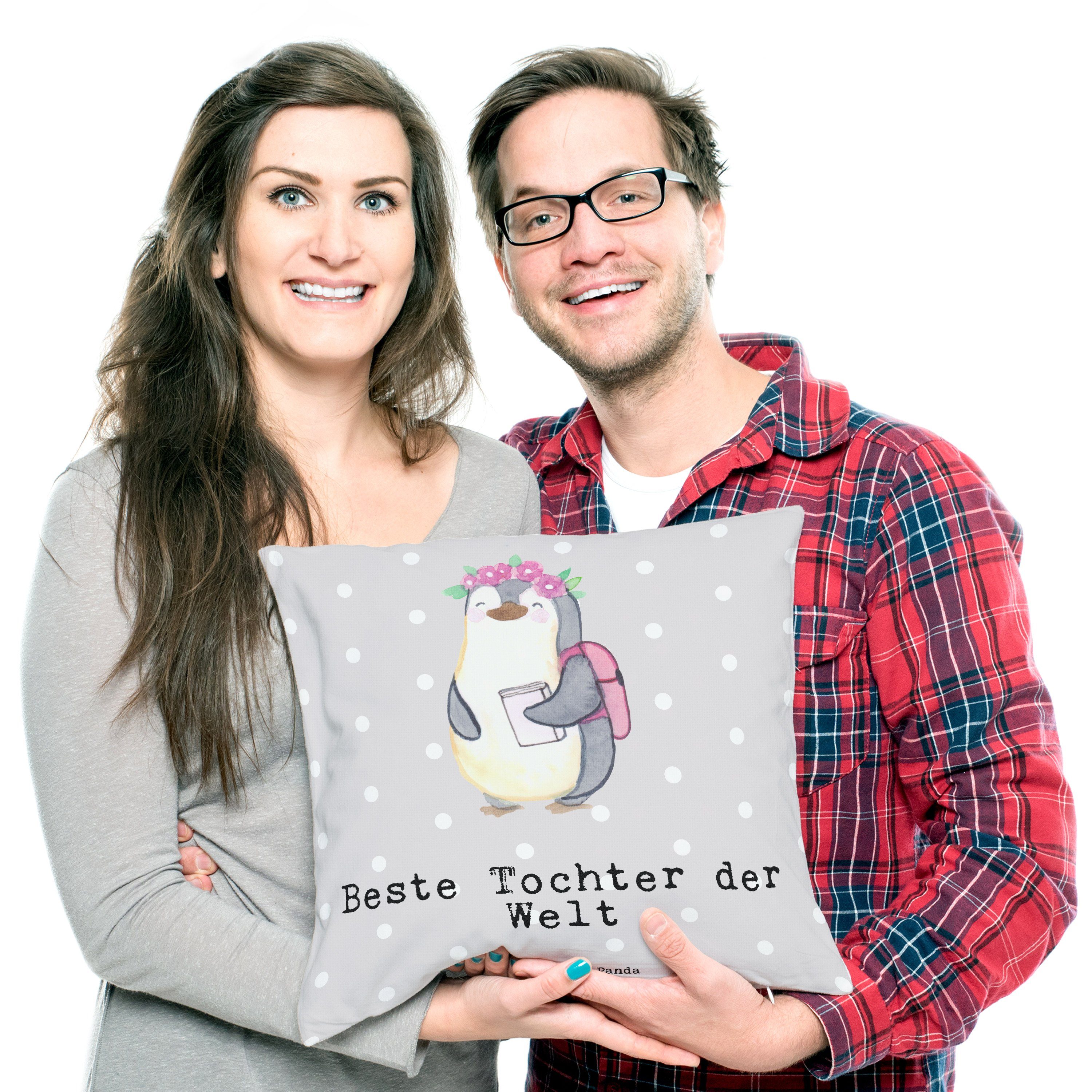 Mr. Beste & Pinguin der Geschenk, Tochter - Mrs. Grau Pastell - Dekokissen Panda Töchterchen Welt