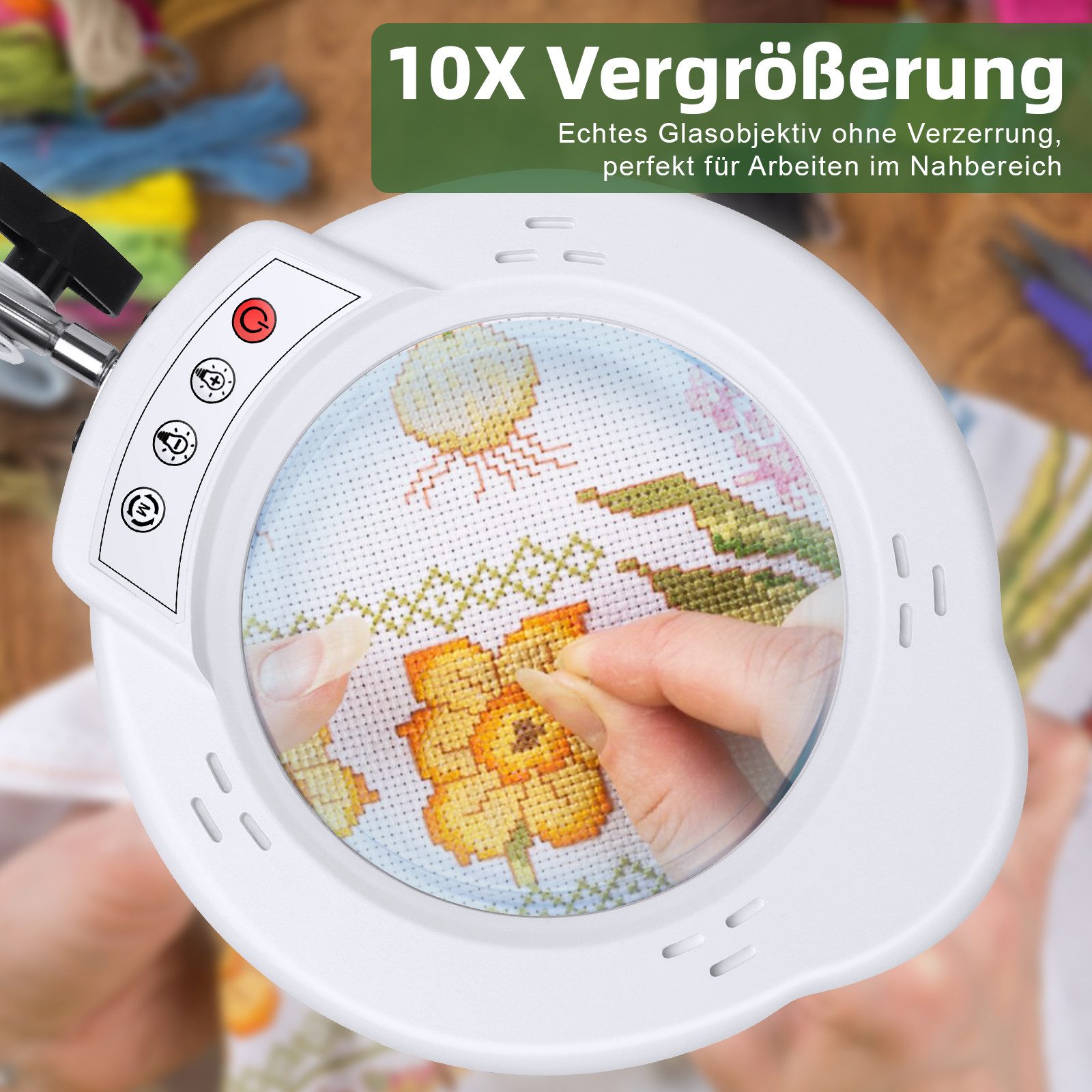 QUBEBU LED Schreibtischlampe Dimmbar Klemmlampe 10x Lupenleuchte Lupenlampe Einstellbar Leselampe, 1 Kits, Dimmbar in 5 Farben, verstellbarer Standfuß, 360° schwenkbar., für Arbeit, Lesen, Hobbys, Nähen, Basteln, Juweliere, Modellbau