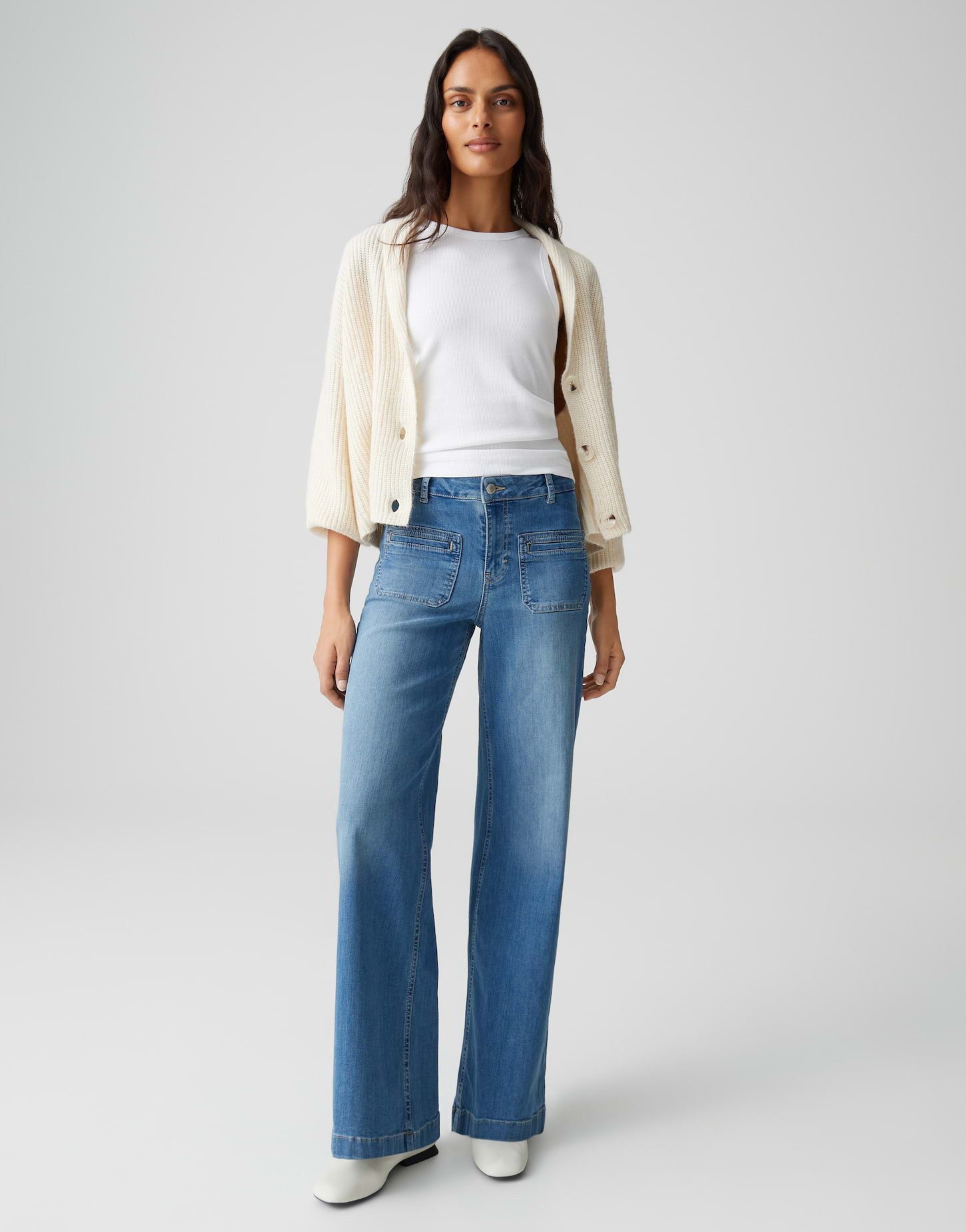 OPUS PANTS Palazzohose MELLY GROOVY aus BCI Cotton Mix Mid Rise Palazzo Fit, Long, leichte Used-Effekte