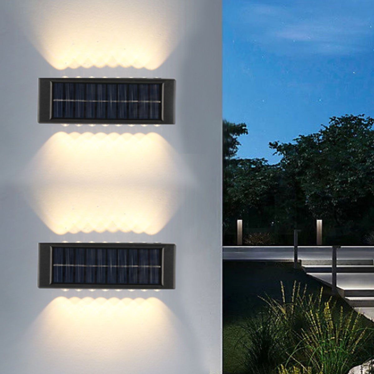oyajia LED Solarleuchte 2 Stück Solarlampe 16 LEDs Wandlampe Up & Down  Light Wandbeleuchtung, LED fest integriert, Warmweiß, LED Wandleuchte IP65  Wasserdicht, Wandlampen im Außenbereich Dekorative