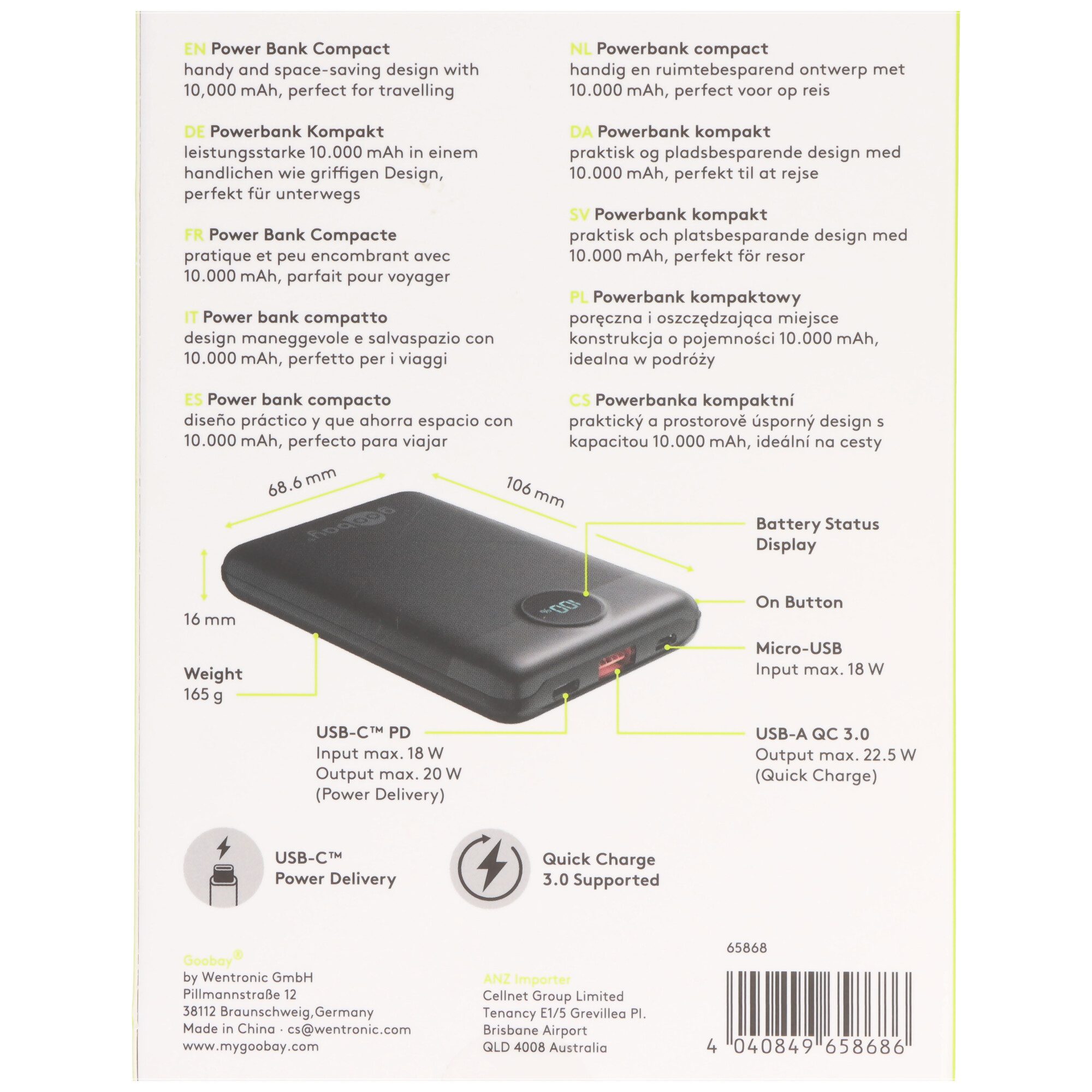 Goobay Powerbank 10.000mAh, PD und QC kompatibel, mit digitaler LED-Anzeige, Akku 10000 mAh (3,9 V)
