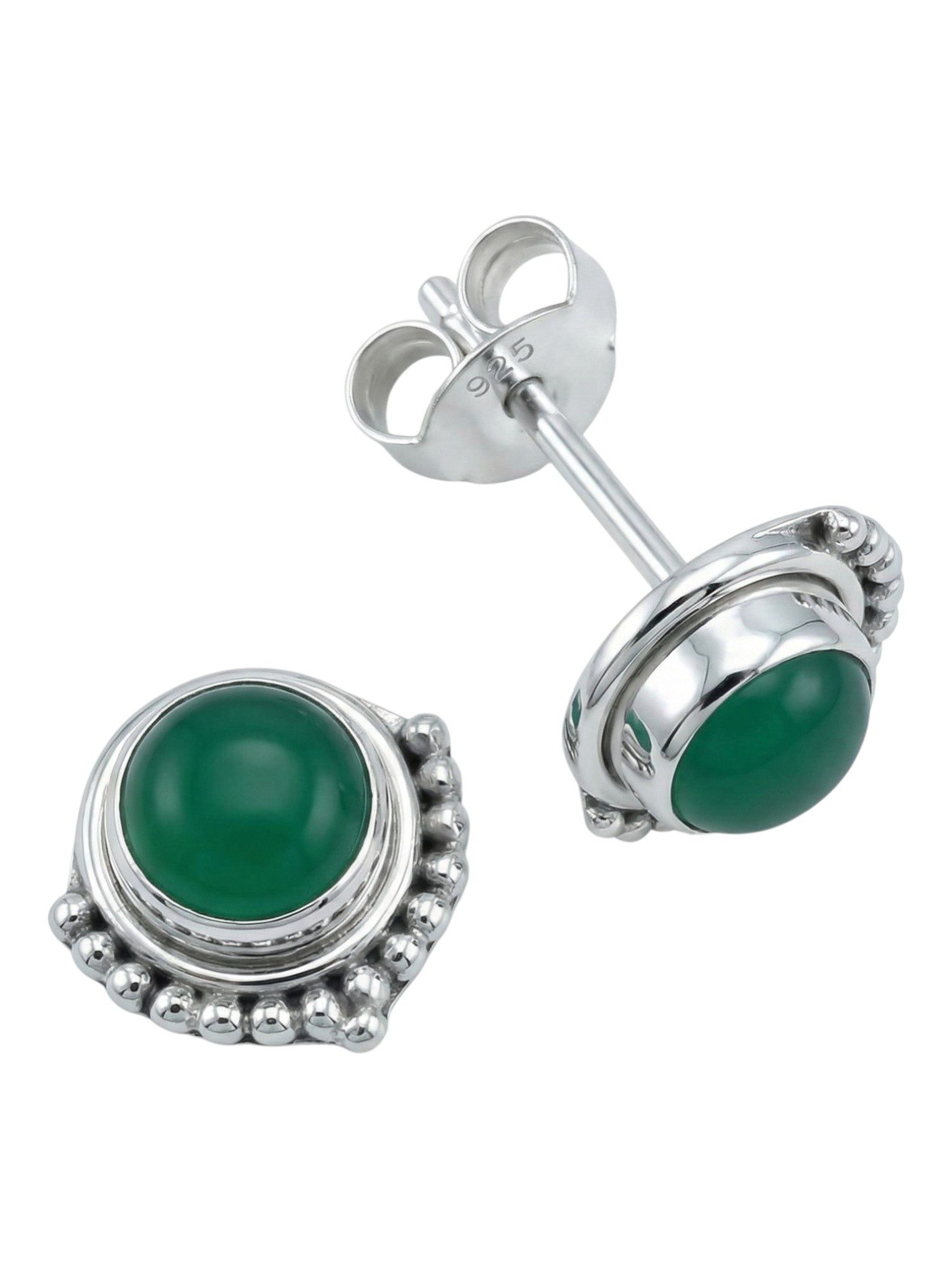 mantraroma Paar Ohrstecker SUNI aus 925 Silber mit grünen Onyx (Paar, Paar Ohrringe mit Schmuckbeutel), 925 Sterling Silber Ohrringe für Damen