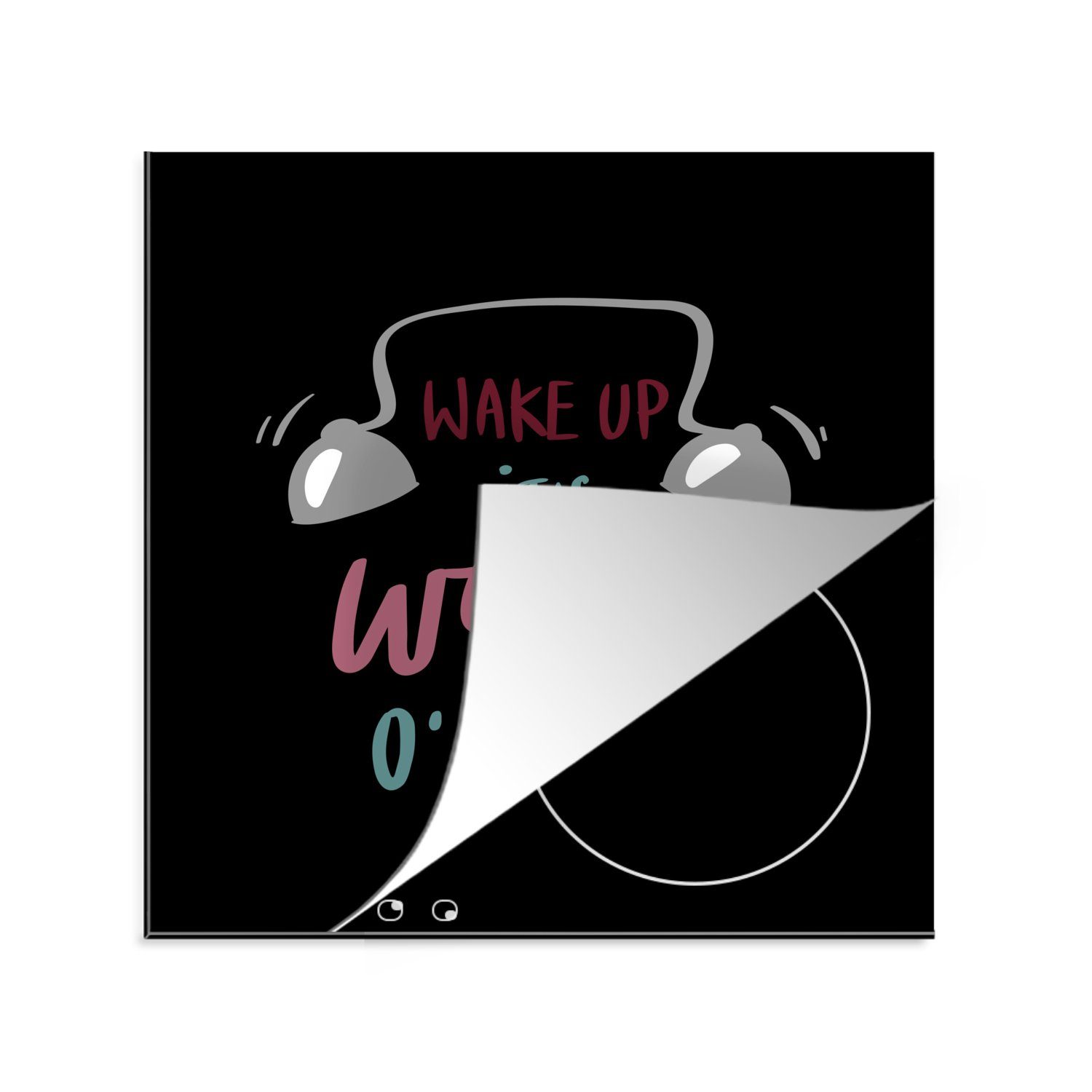 MuchoWow Herdblende-/Abdeckplatte Zitat "Wake up, it's wine o'clock" mit schwarzem Hintergrund, Vinyl, (1 tlg), 78x78 cm, Ceranfeldabdeckung, Arbeitsplatte für küche