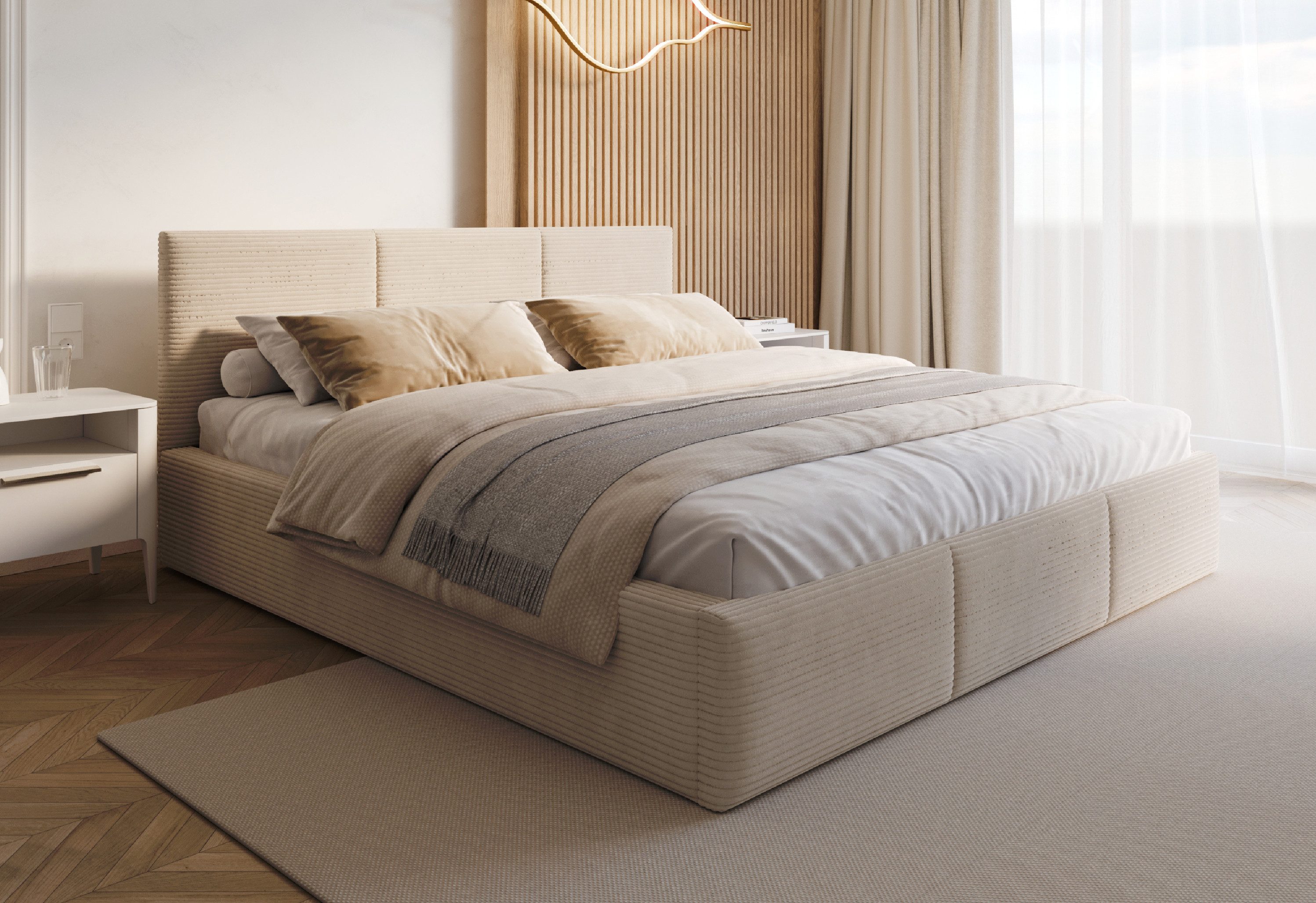 FDM Polsterbett AMBER modern mit Bettkasten MADE IN EU - mit Cord Bezug (verfügbar 90x200 120x200 140x200 160x200 180x200cm, Bettrahmen, Bett, mit großen gepolsterten Kopfteil, mit Bettkasten zum aufklappen), Hebbarer Metallrahmen, Bettkasten, mit/ohne Ma