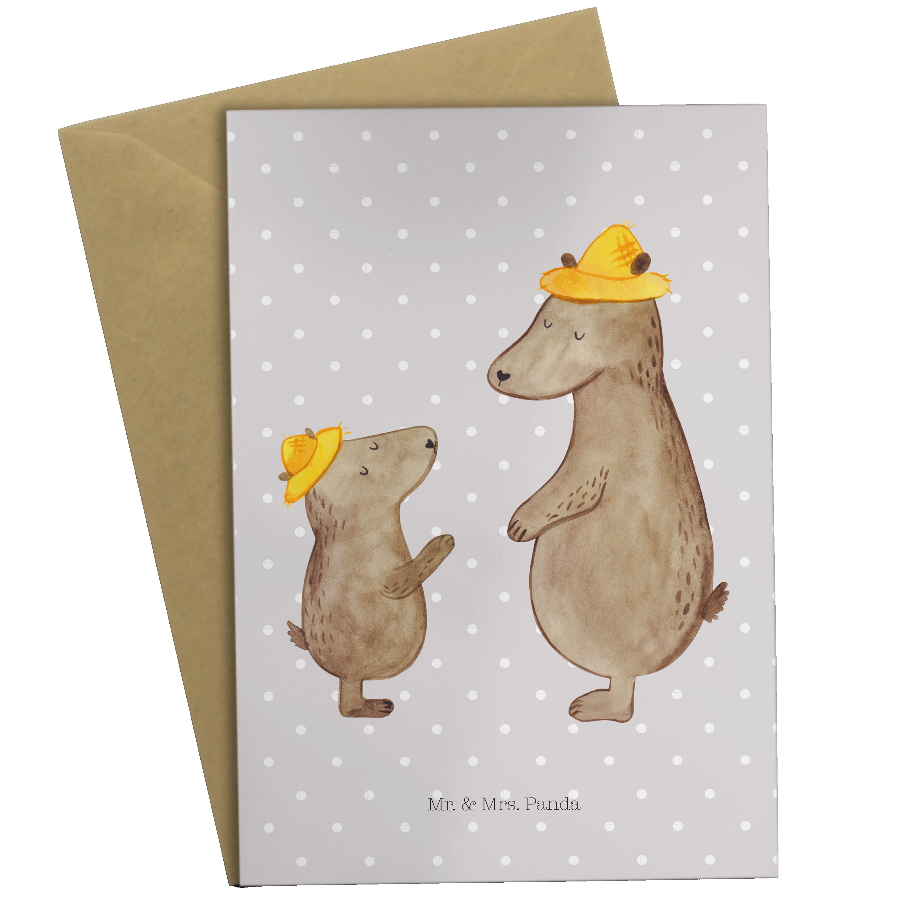 Mr. & Mrs. Panda Grußkarte Bären mit Hut - Grau Pastell - Geschenk, Familie, Karte, Dad, Klappka