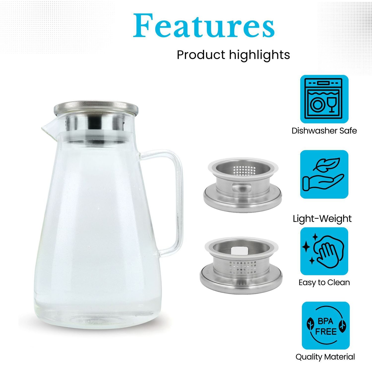 Intirilife Karaffe, (1-tlg), Glas Krug in KLAR - 1,8l Karaffe mit Henkel und Deckel