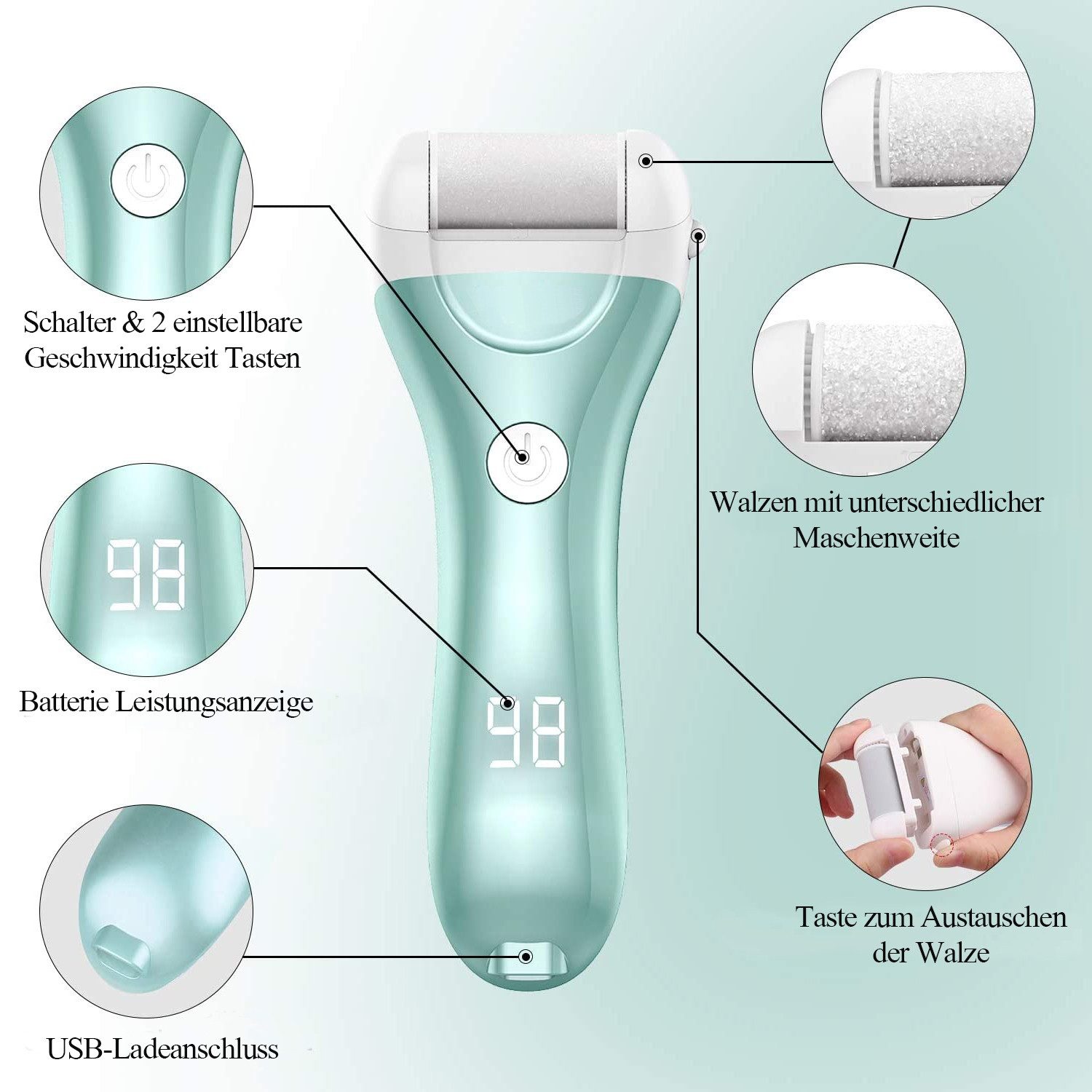 TUWENA Elektrischer Hornhautentferner Fußfeile Wiederaufladbarer, Fußpflege Pediküre Set, Abgestorbener, für Füße, mit 2 Rollen, 2 Geschwindigkeiten