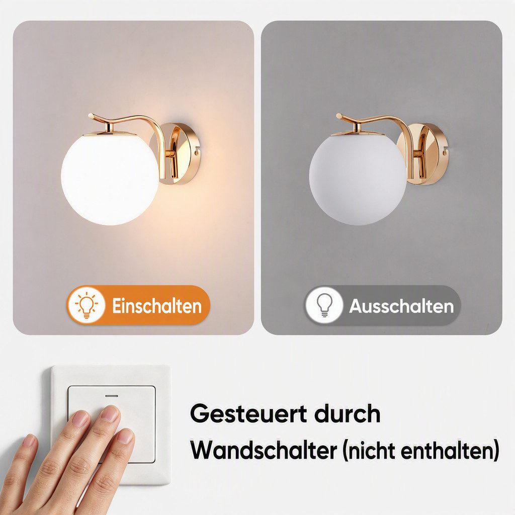 BlingBin LED Wandleuchte Innen Gold Glaskugel Vintage Wandlampe Schlafzimmer Glasschirm, Glas,Metall, LED fest integriert, Tageslichtweiß, wechselbar, Modern Wa – Bild 5 von 5