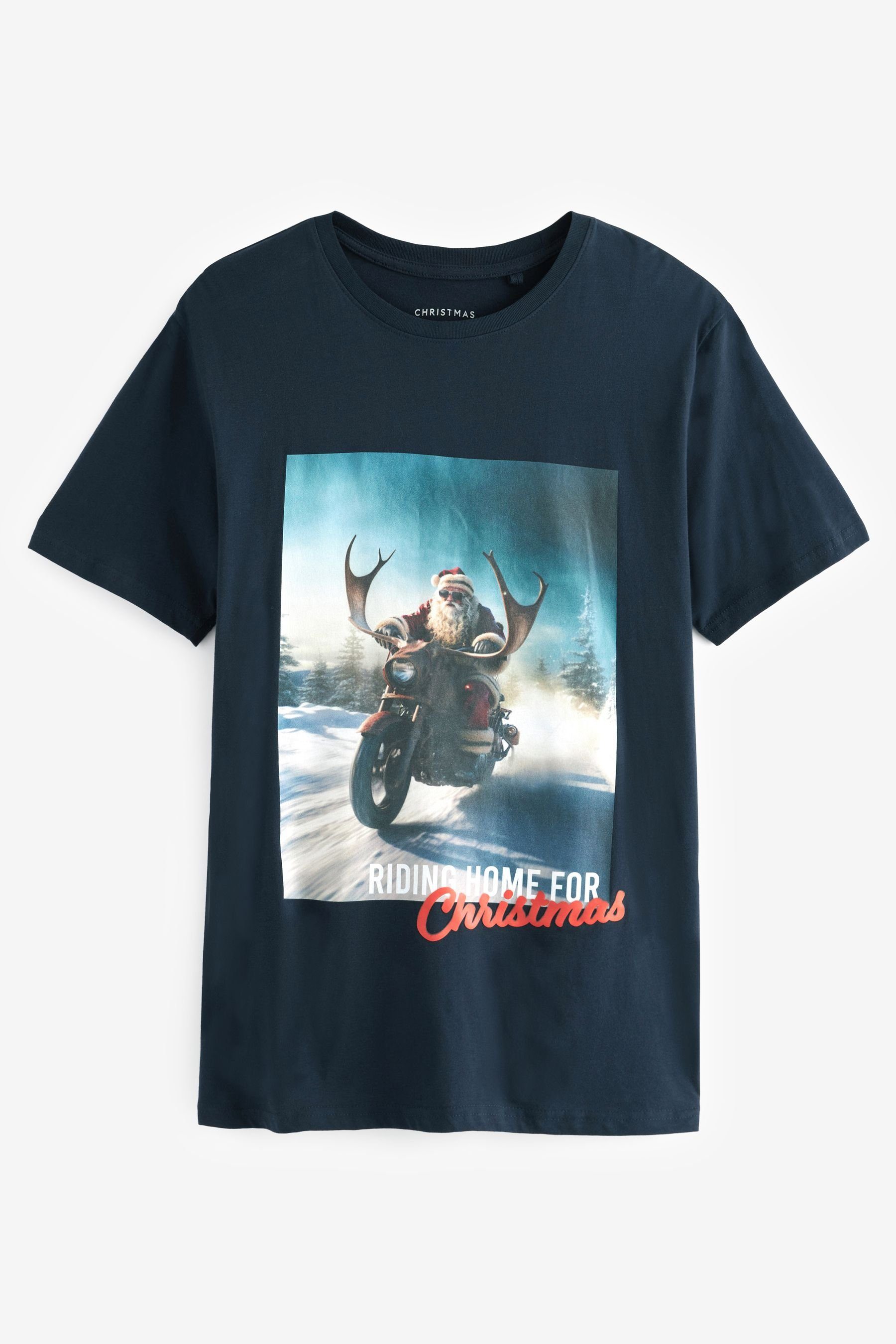 Next Print-Shirt T-Shirt mit Weihnachtsmotiv (1-tlg) Navy Blue Motorbike Santa