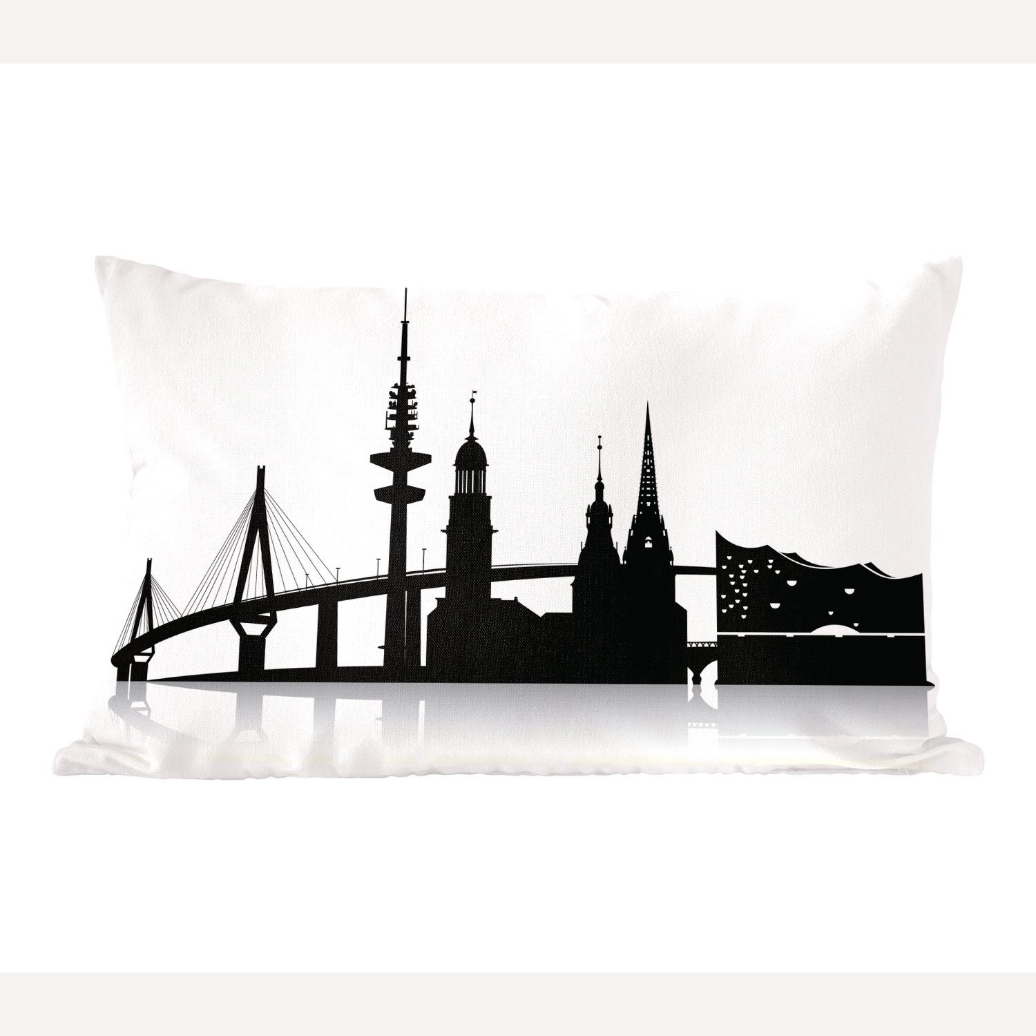 MuchoWow Dekokissen Eine schwarz-weiße Illustration mit der Skyline von Hamburg, Wohzimmer Dekoration, Zierkissen, Dekokissen mit Füllung, Schlafzimmer