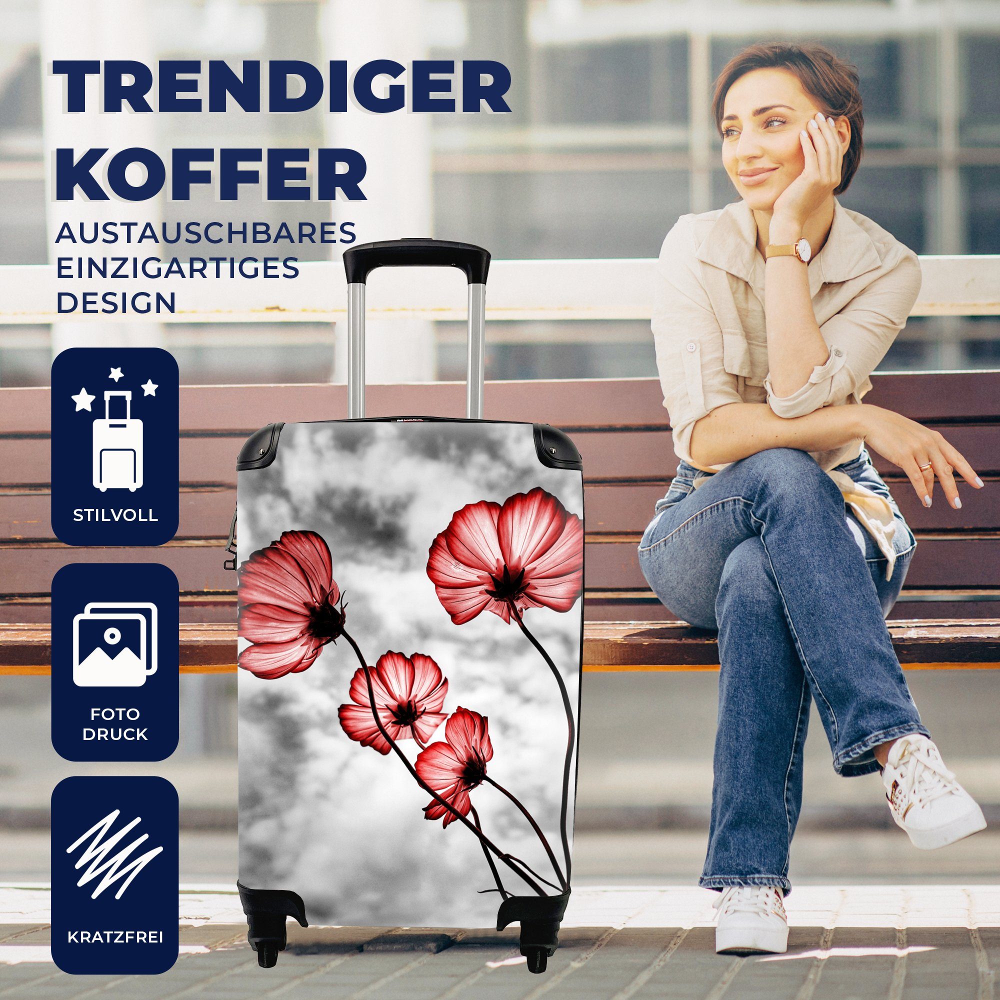 Reisekoffer Schwarz Reisetasche rollen, MuchoWow - - Handgepäck Weiß Ferien, Blumen 4 Rot, Rollen, für Trolley, - mit Handgepäckkoffer