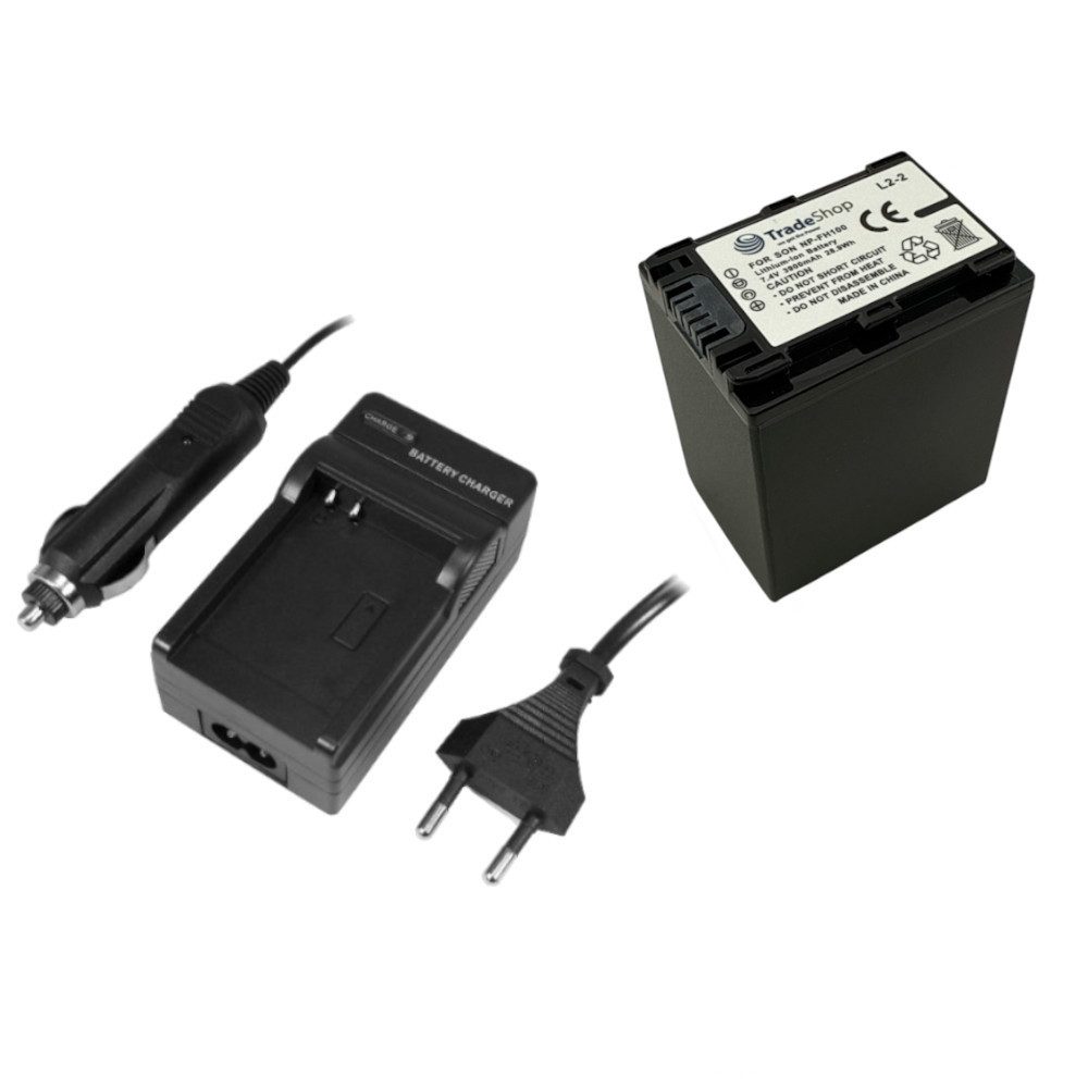 Trade-Shop 2in1 Set passend für Sony DCR-DVD310E NP-FP60 NP-FP61 Ladegerät + Kamera-Akku Li-Ion 3500 mAh (7,4 V), Für 220V Steckdose und 12V/24V Kfz Zigarettenanzünder