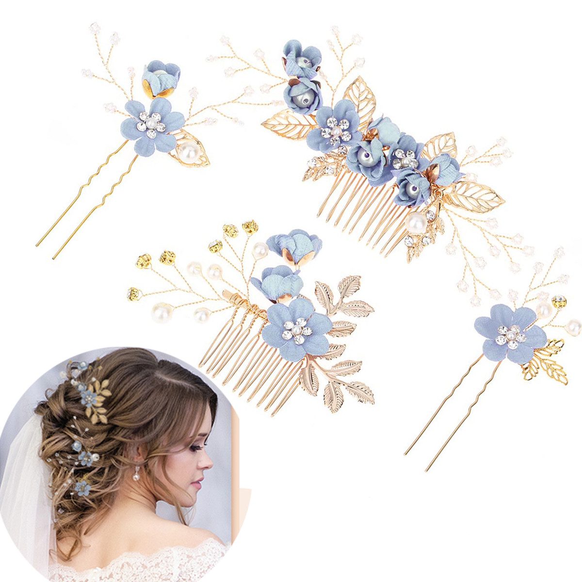 ZEUOPQ Diadem 4 Stück Hochzeit Haarschmuck, Brautschmuck Haarkamm (Hochzeits-Mode-Haarkamm-Set mit Floralem, 1-tlg., Braut Kopfbedeckungen), Hochzeitsaccessoires für Frauen, Bräute, Brautjungfern, Mädchen