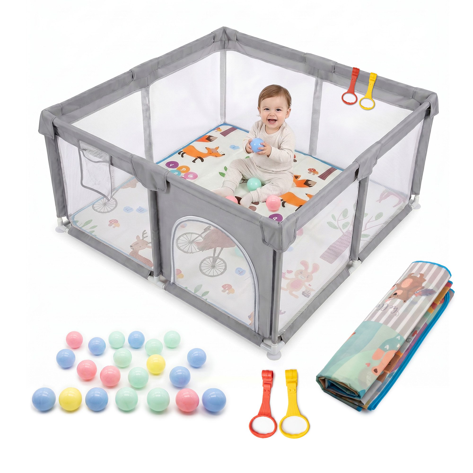 Allyson Laufgitter Laufstall Baby mit Matte, Baby Playpen Kinderlaufstall, Saugnäpfe & Stahlrahmen Inkl. 20 Spielbällen, Matte & 2 Haltegriffen