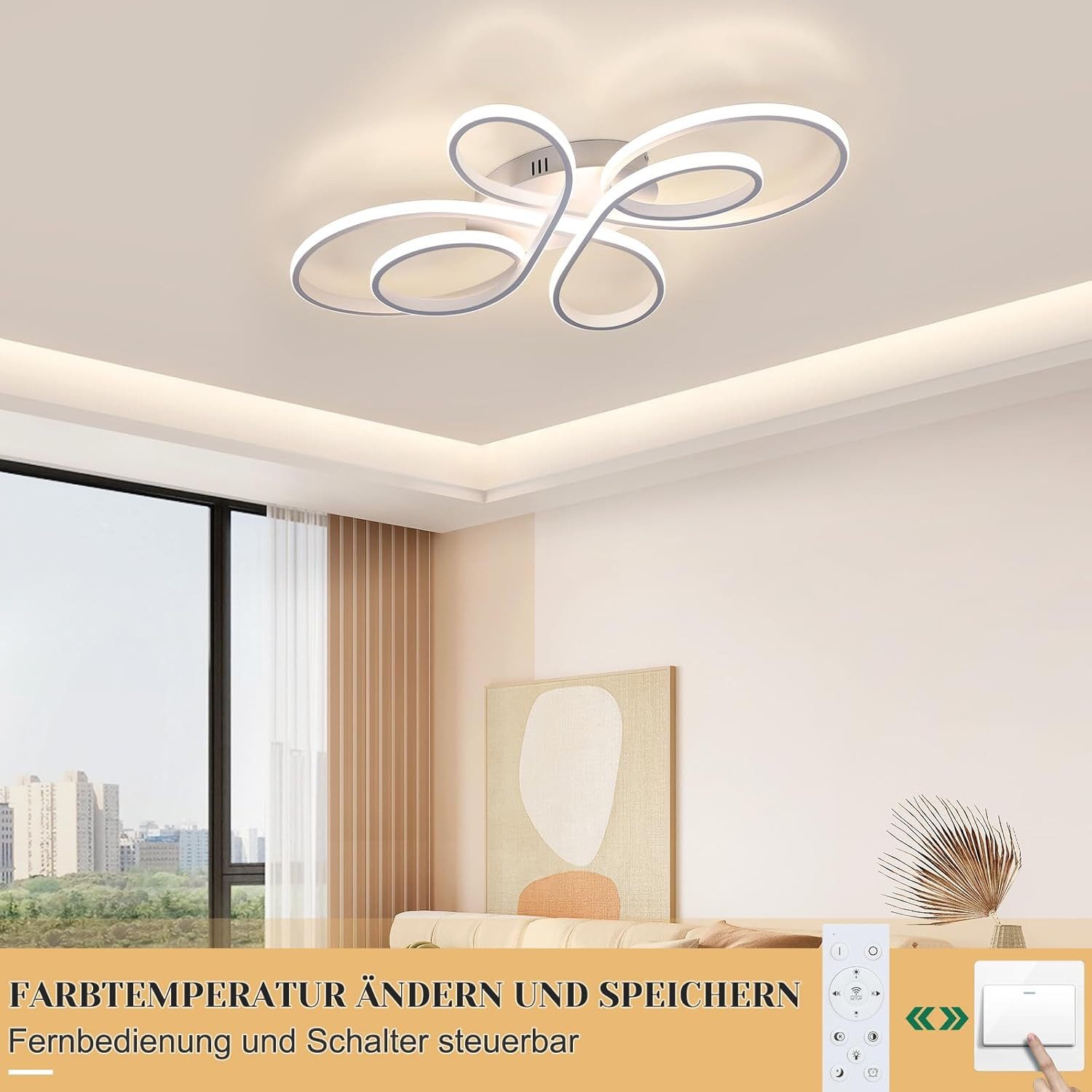 Nettlife LED Deckenleuchte Modern Schwarz Dimmbar Wohnzimmer 65W 40/66/80/100CM deckenlampe, LED fest integriert, Kaltweiß, Warmweiß, Neutralweiß, Schlafzimmer, – Bild 4 von 5