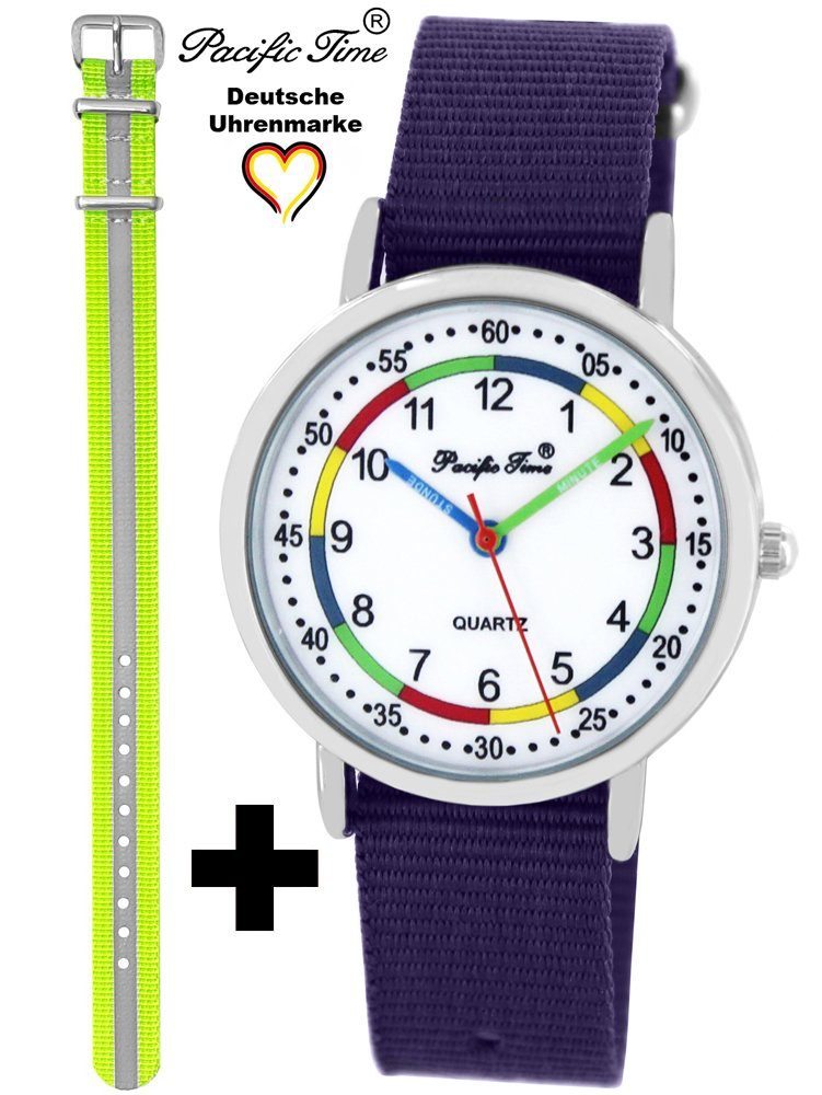 Pacific Time Quarzuhr Set Kinder Armbanduhr First Lernuhr Wechselarmband, Mix und Match Design - Gratis Versand Reflektor gelb und violett