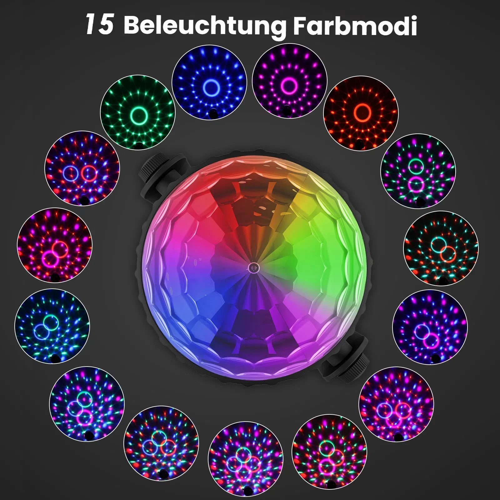 FIMEI LED Discolicht Discokugel 360° drehbar mit Fernbedienung, 15 Farben, musikgesteuert, LED fest integriert, 9W RGB, dynamische Effekte – Bild 4 von 5