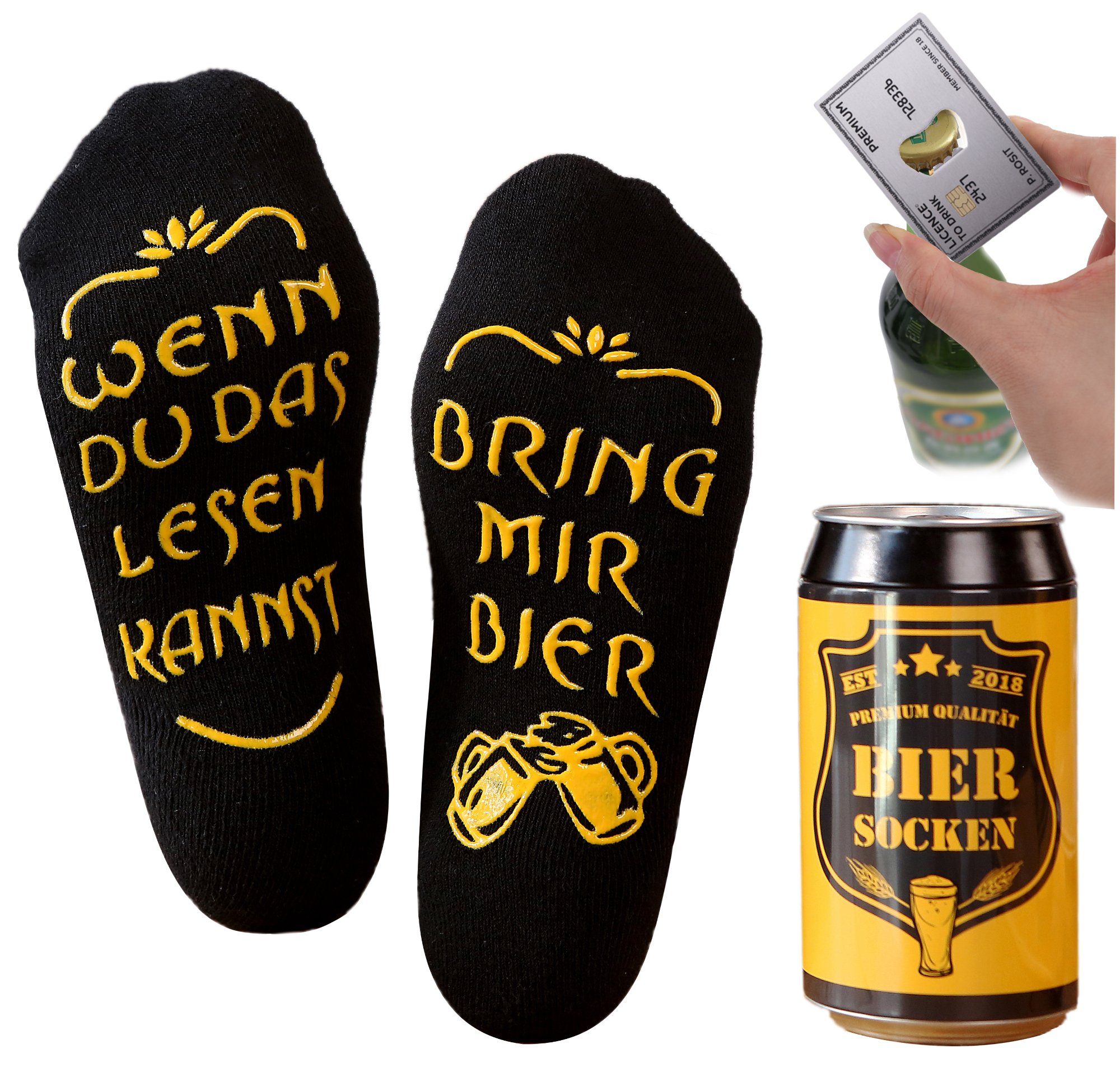 Lucadeau Freizeitsocken Spruch 38-44, rutschfest, Gr. Geschenke mir für Geburtstagsgeschenk Edelstahl und mit Silber Flaschenöffner, Paar) Bier Socken, bring (1 Männer