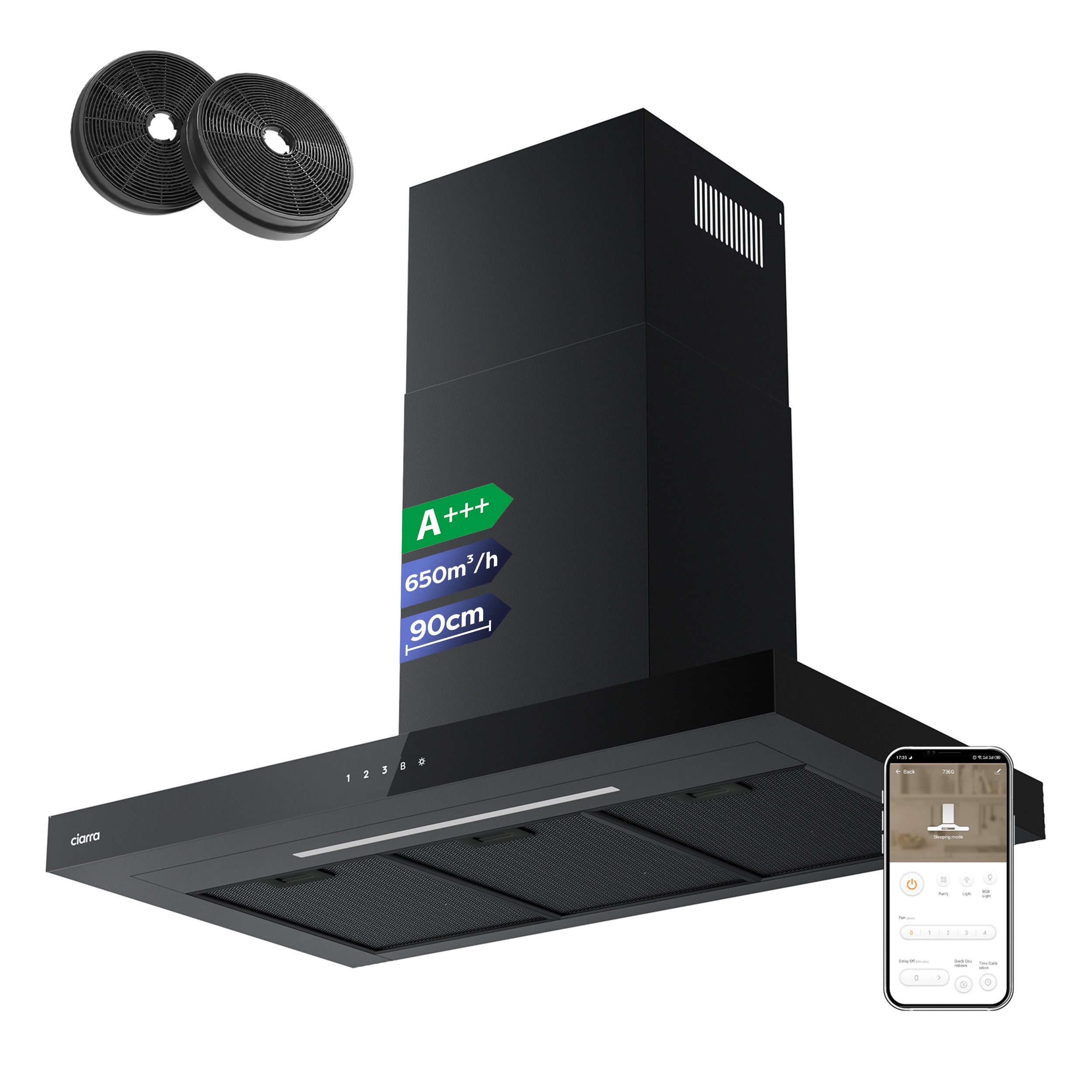 CIARRA Wandhaube CBCB9102 CBCB9102, A+++ Dunstabzugshaube 90cm 650m³/h WIFI +APP & Touch Control Boost