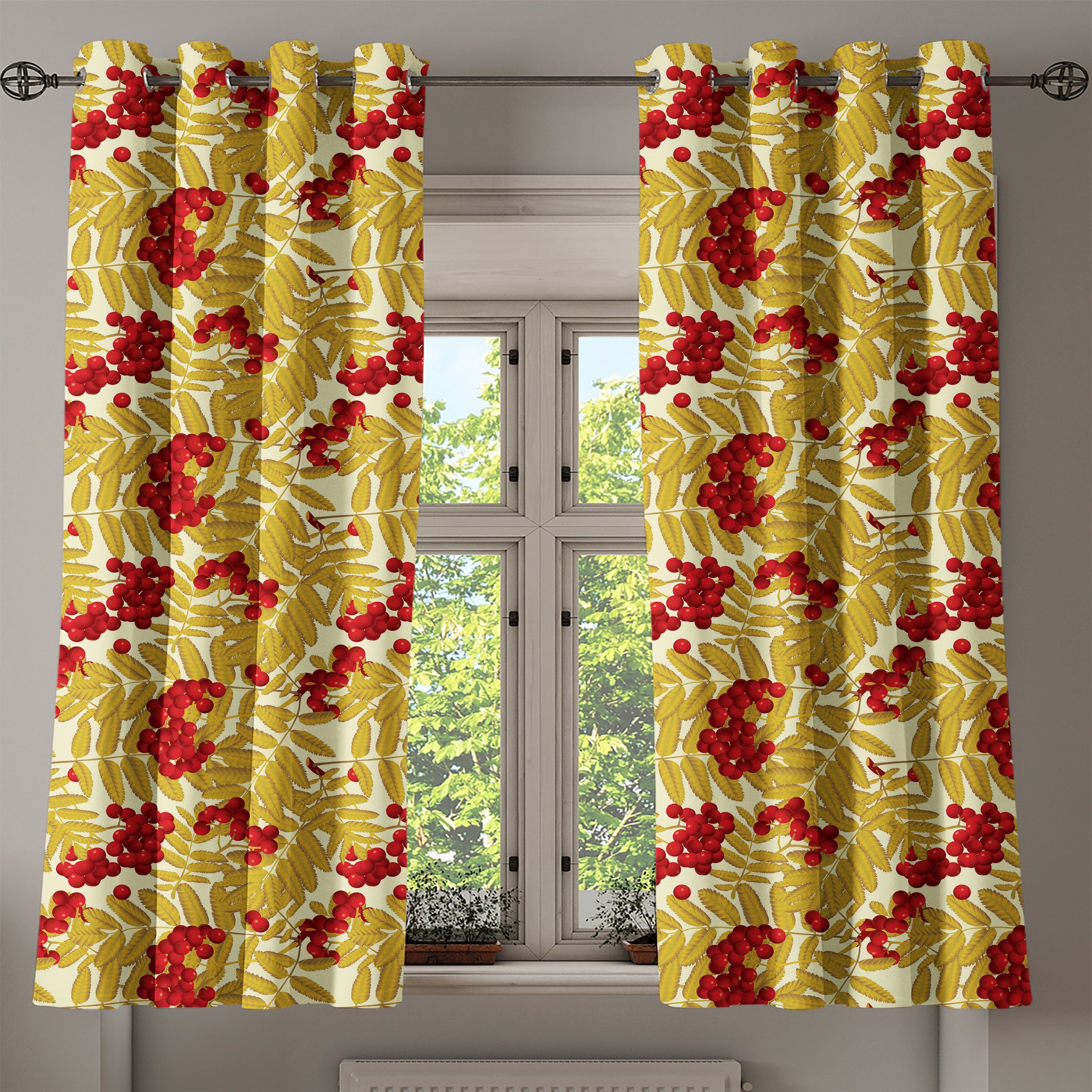 Gardine Dekorative Saftige Leafage Eberesche 2-Panel-Fenstervorhänge reife Früchte für Schlafzimmer Abakuhaus, Wohnzimmer