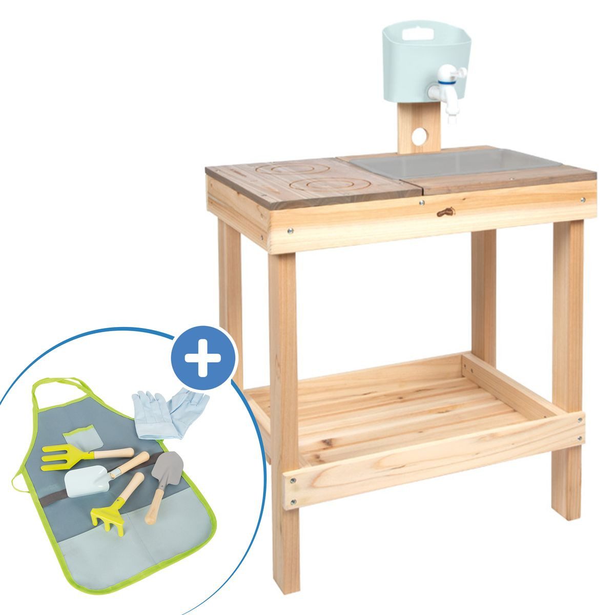 Small Foot Outdoor-Spielküche Natur, Matschküche Kinder Outdoor Garten Spielküche mit Gartenschürzen Set