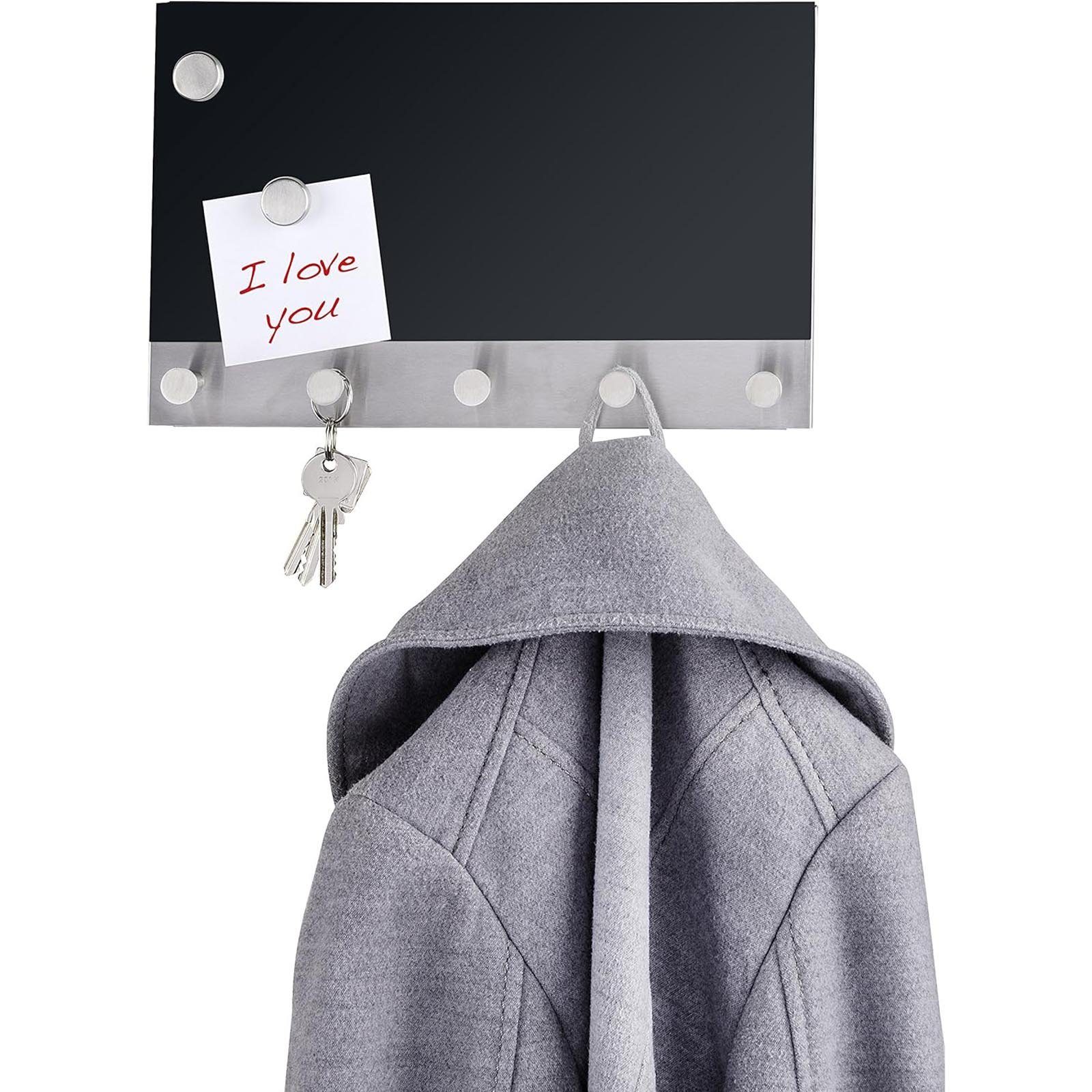 WENKO Hakenleiste Garderobe Schwarz Schlüsselbrett Kleiderhaken, mit 5 Haken 30x19 cm Magnet Memoboard
