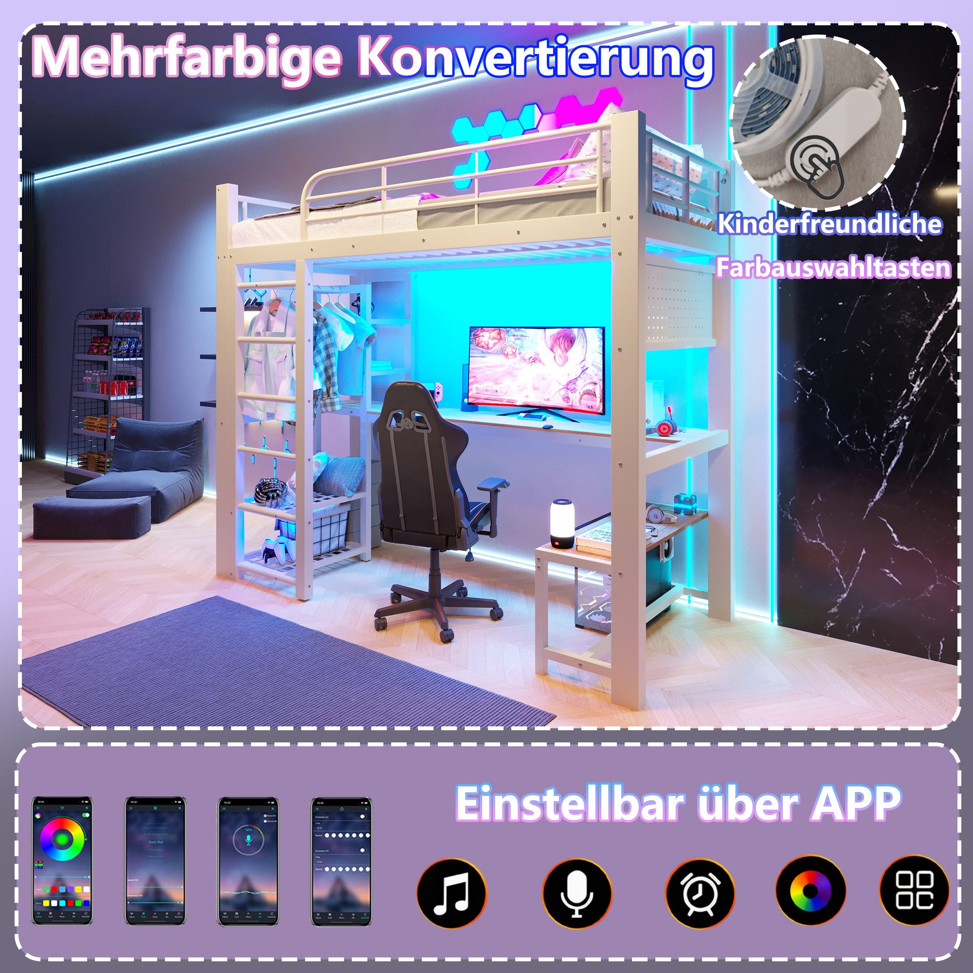 Flieks Hochbett Metallbett 90x200cm mit LED-Lichtleiste Schreibtisch Kleiderstange – Bild 3 von 5