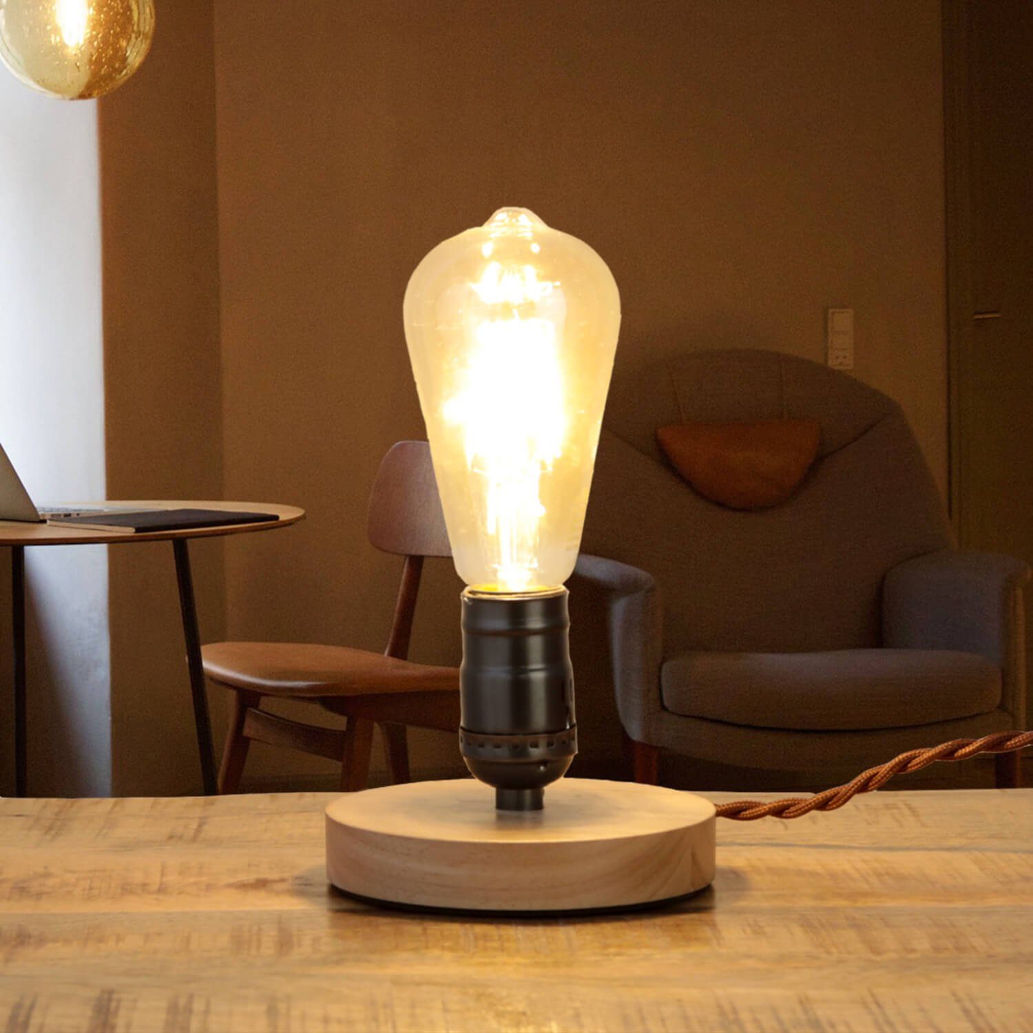 Licht-Erlebnisse Nachttischlampe EDISON, ohne Leuchtmittel, Tischlampe klein Holz Metall Vintage Design Industrie Stil | Tischlampen