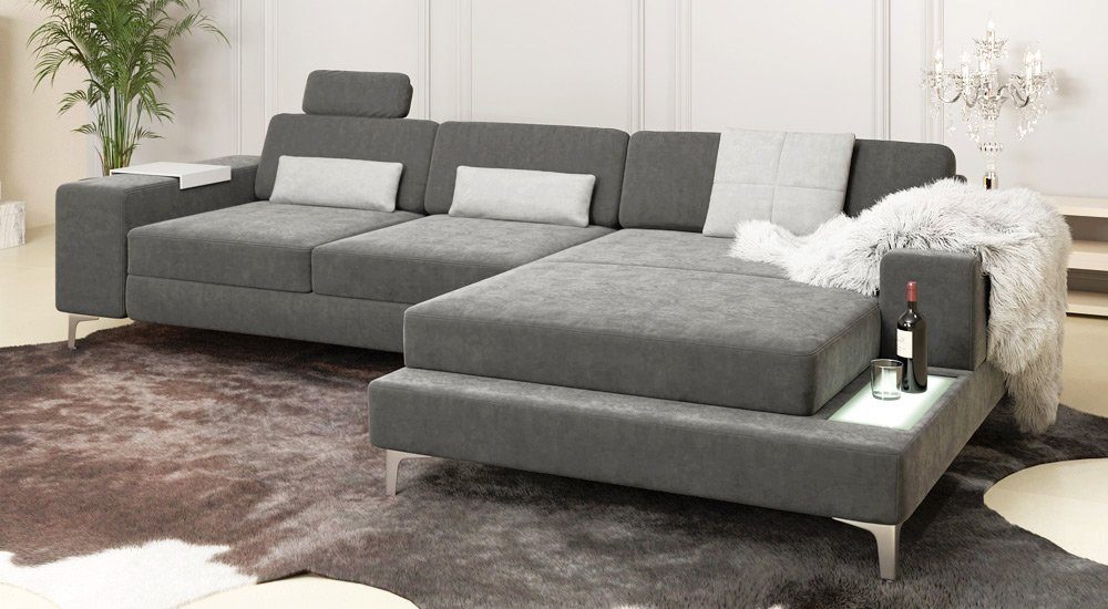 BULLHOFF Ecksofa Designsofa Eckcouch Ecksofa »MÜNCHEN IV« Wohnlandschaft L-Form Sofa LED Couch grau anthrazit samt alcantara XXL mane