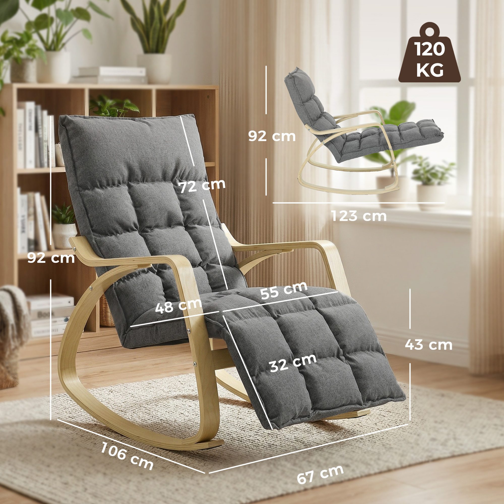 HOMCOM Schaukelstuhl Schaukelsessel mit hoher Rückenlehne, Relaxsessel mit Leinenoptik (Lesesessel, 1 St), Schaukelfunktion, verstellbare Fußstütze, modernes Design