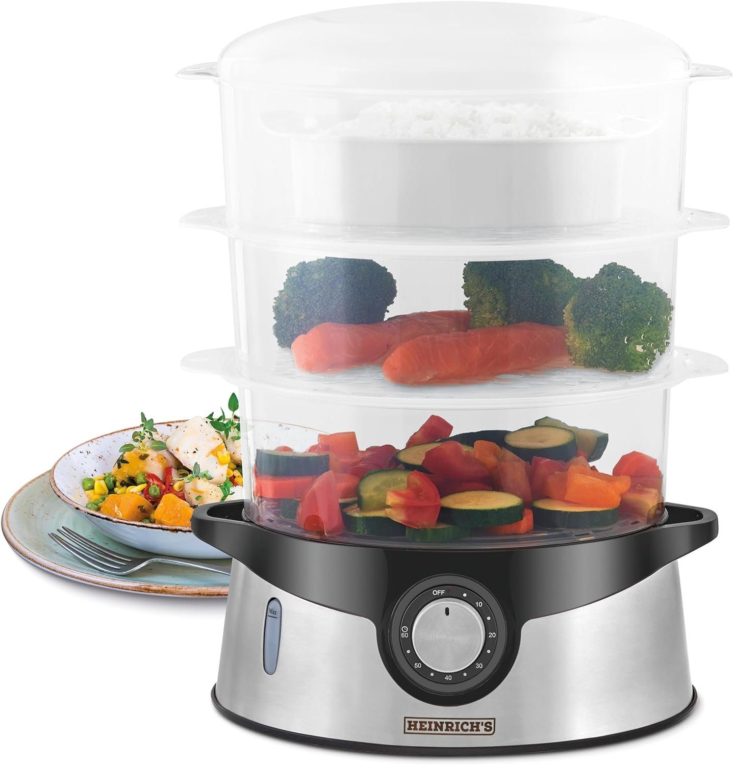Heinrich´s Rundbürste HDA 8501, Dampfkocher, Timerfunktion, 800 Watt, Edelstahl, 3 stapelbare Etagen