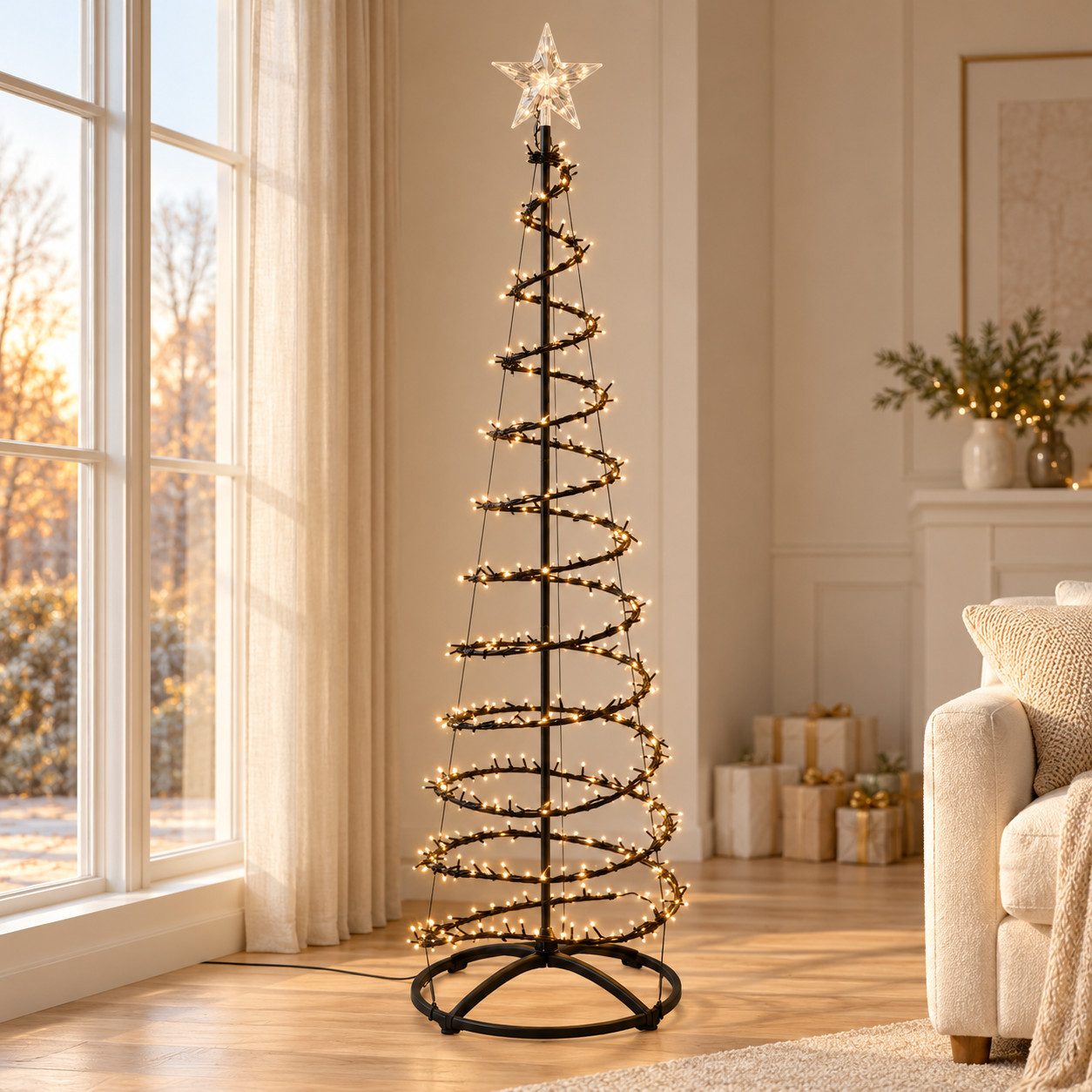 HAGO Künstlicher Weihnachtsbaum Tannenbaum Lichterbaum Christbaum Lichterkette Warmweiß Weihnachtsdeko, Lichterketten-Tannenbaum, LED, Timer, Wasserfall-Lichteffekt, beleuchtete Sternspitze