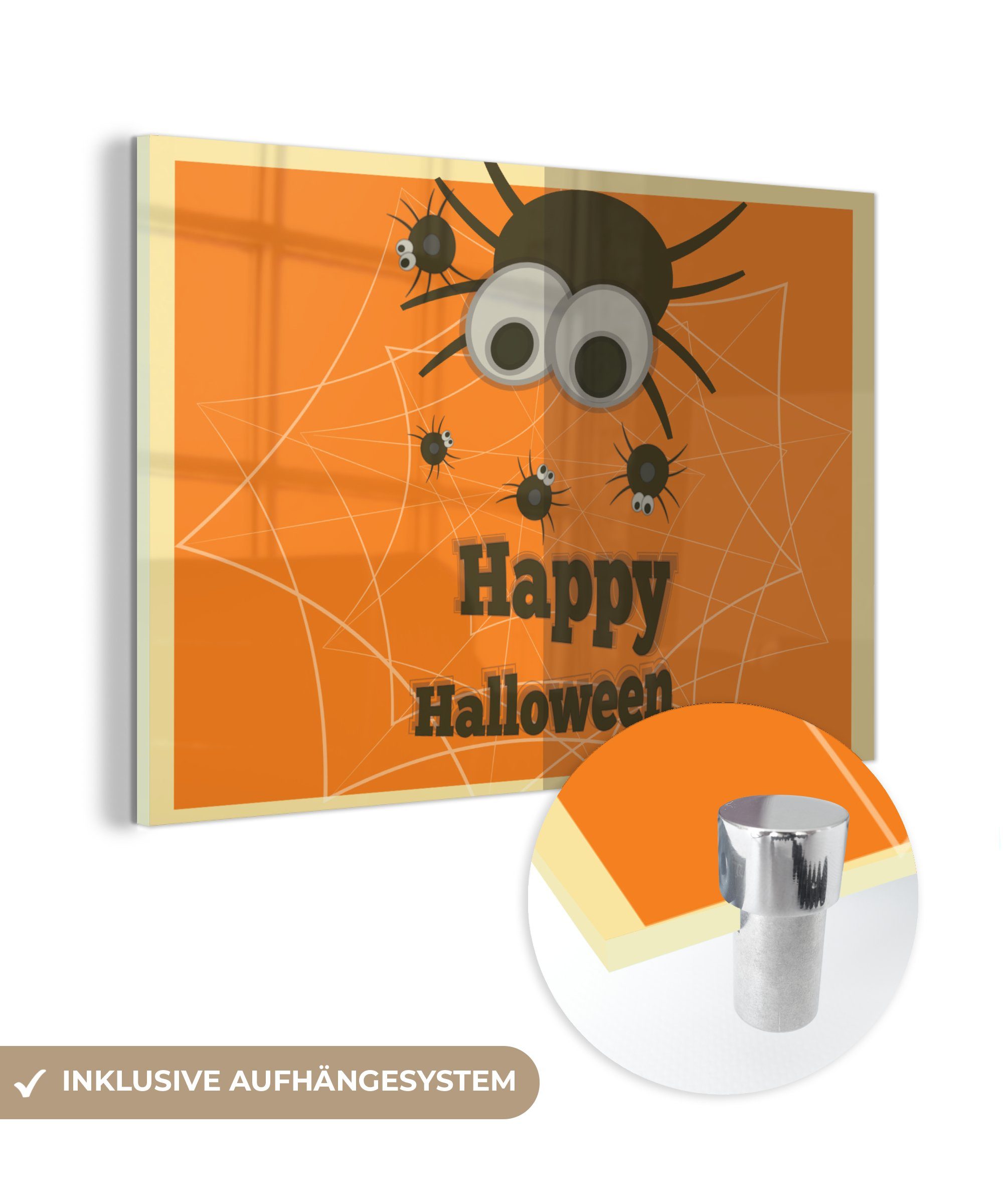 MuchoWow Acrylglasbild Happy Halloween' mit Spinnen auf orangem Hintergrund, (1 St), Acrylglasbilder Wohnzimmer & Schlafzimmer