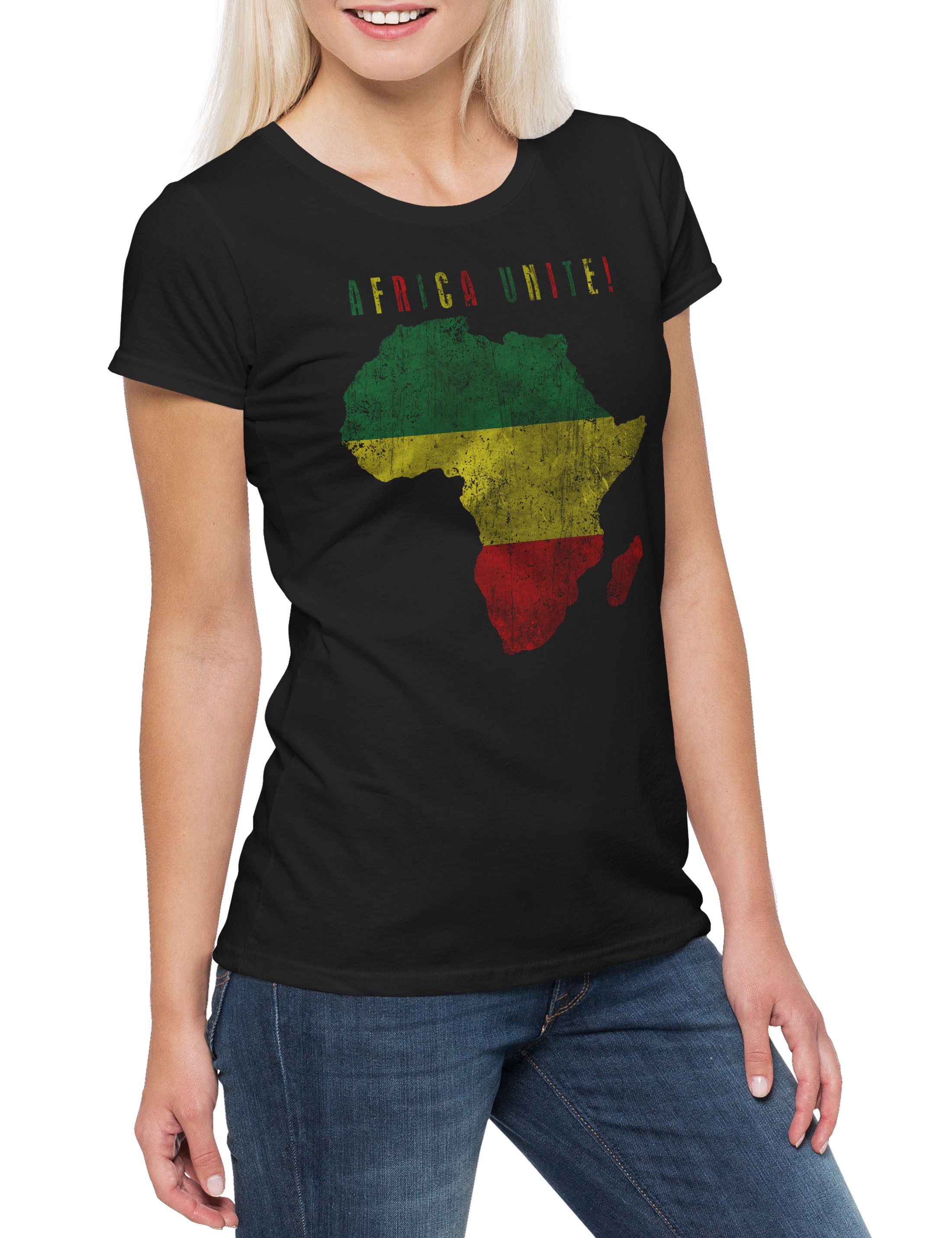 Print-Shirt Africa Unite Damen T-Shirt Reggae Music Jah Babylon Musikfari Bob
