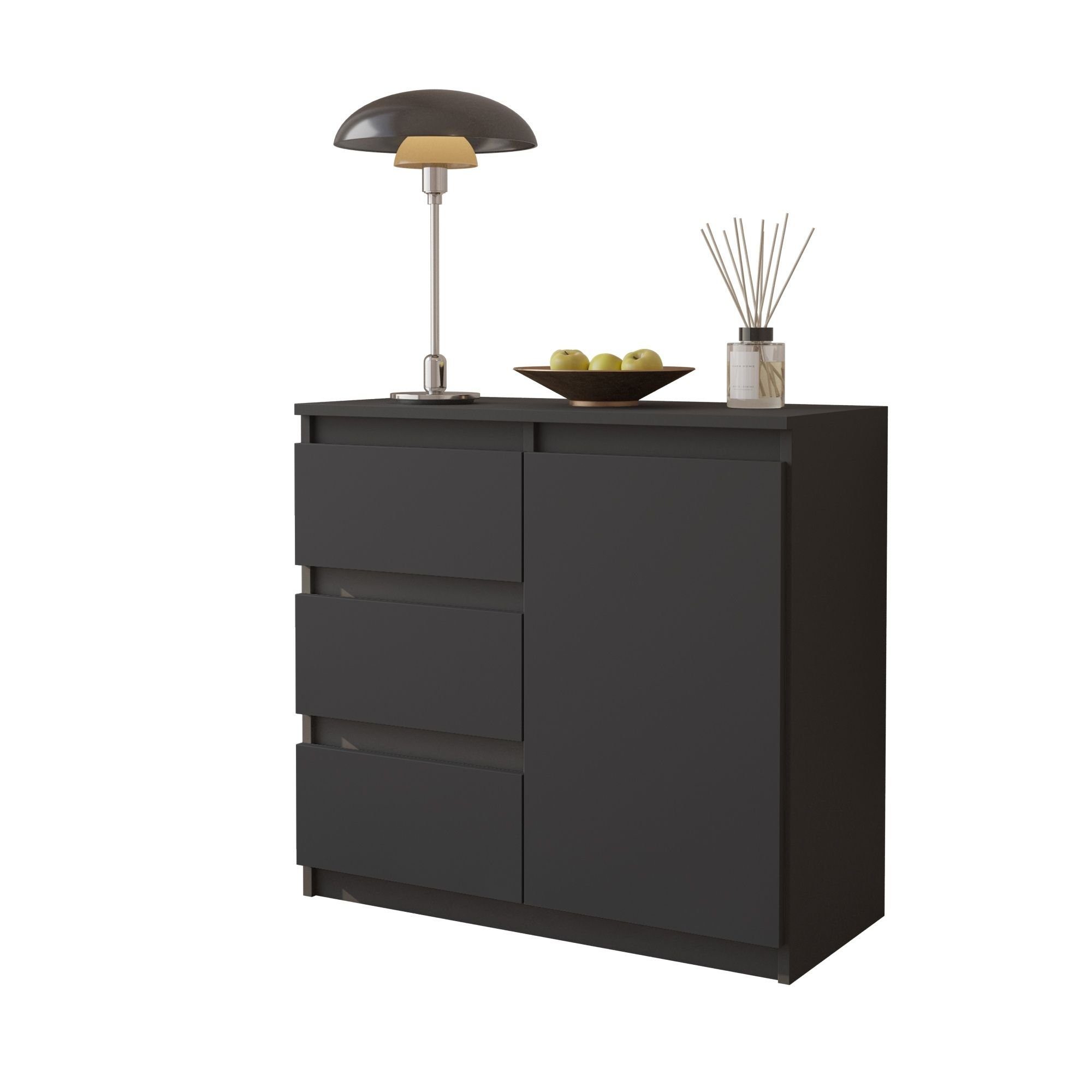 Furnica Kommode MIKEL, 3 Schubladen und 1 Tür - Anthrazit Grau H75cm B80cm T35cm (1 St)