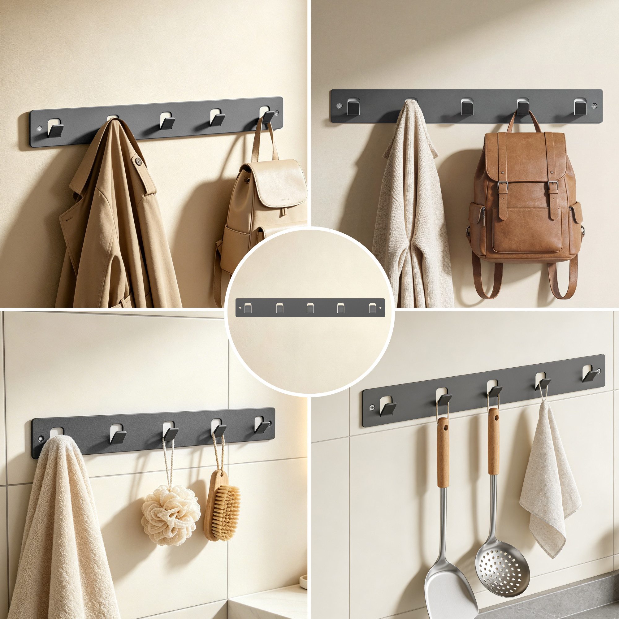 Mai & Mai Hakenleiste Wandgarderobe Wandhaken 5 Haken Kohlenstoffstahl Stalo-14, 45° Anti-Rutsch Haken,Kleben oder Bohren,Kohlenstoffstahl, rostfrei