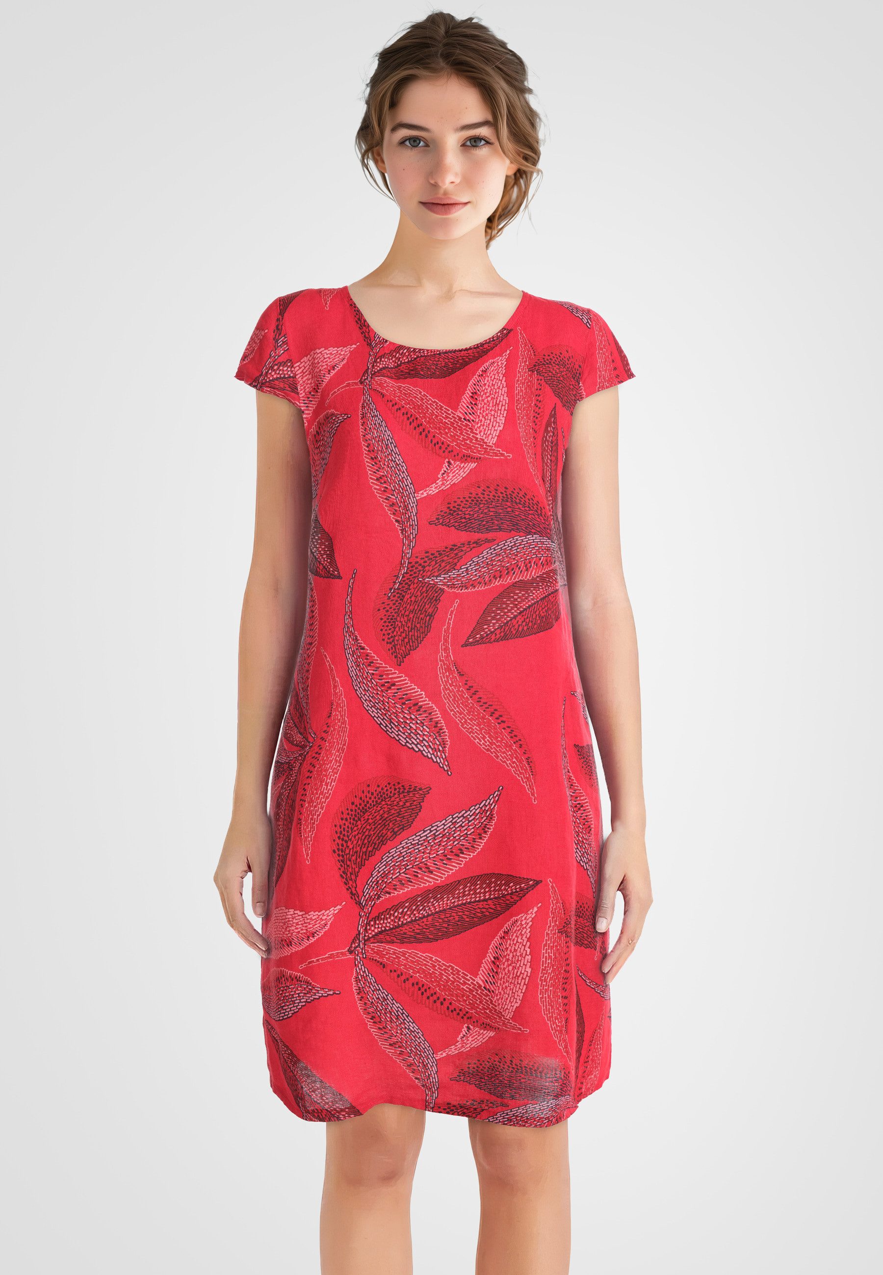 PEKIVESSA Sommerkleid Leinenkleid knielang kurzarm mit Blattmuster günstig online kaufen